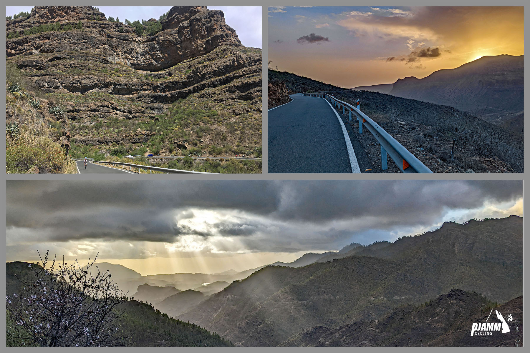 photo collage of views from climb, including beautiful sunrise and sun beams streaming through cloud coverage on mountains 