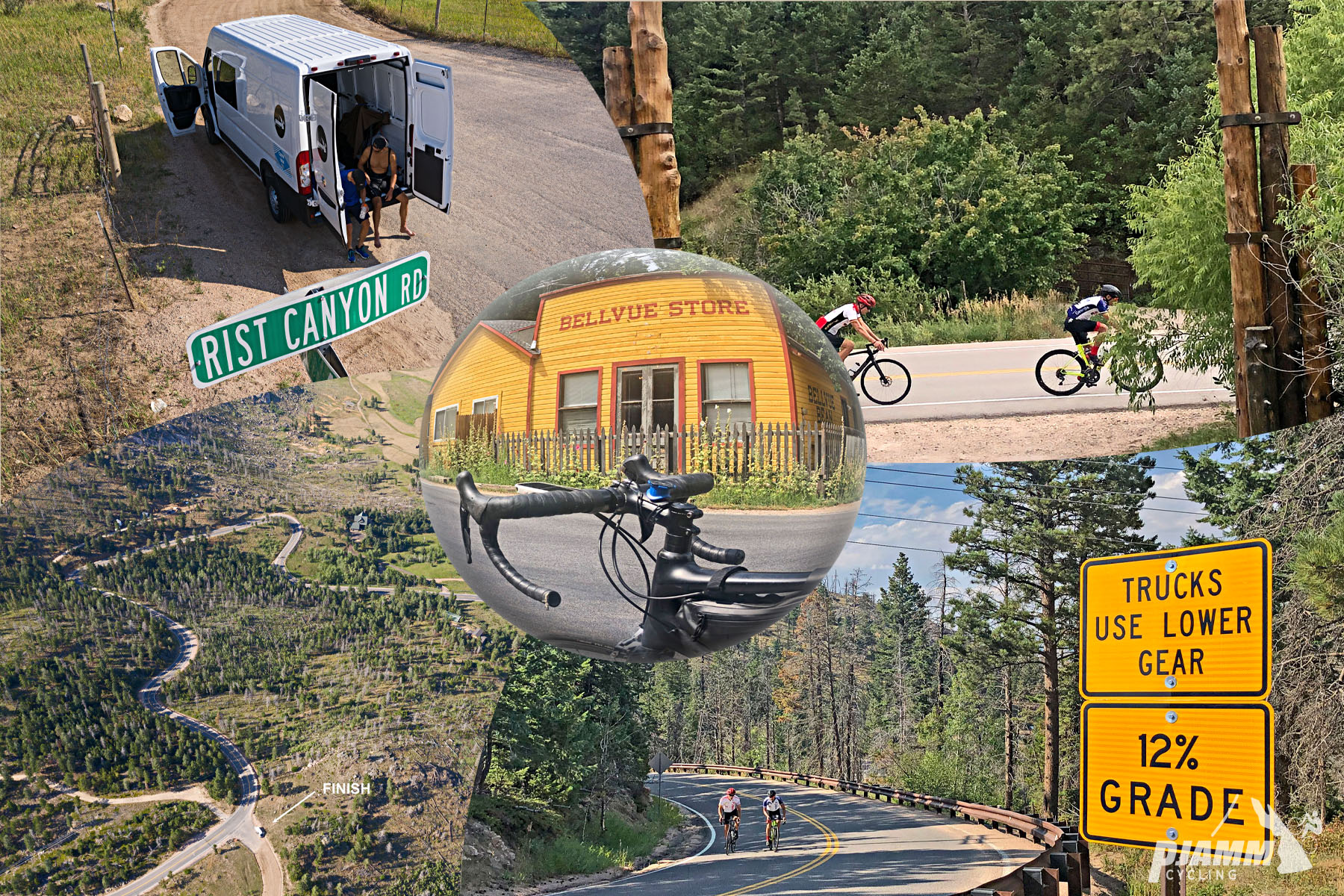 Cycling Rist Canyon East - photo collage, PJAMM Cycling logo in corner, aerial view of PJAMM Cycling's white SAG vehicle parked next to road sign for Rist Canyon Road, aerial view of climb, bike handlebars with yellow Bellvue Store building behind, cyclists riding along straight portion of roadway, then on curved portion next to sign for 12% grade