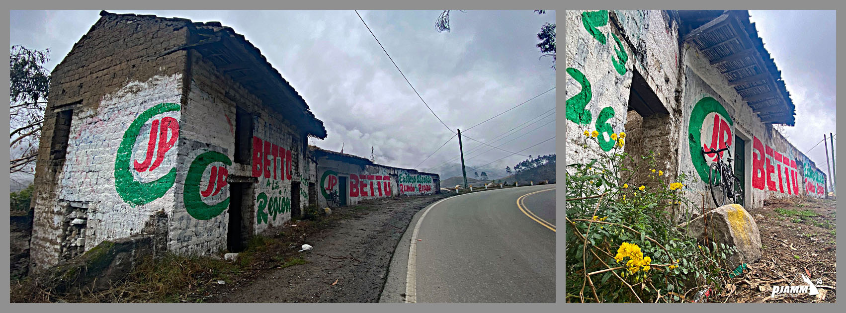 Cycling Conococha, Peru - old brick buildings on the roadside painted with brightly colored advertisements