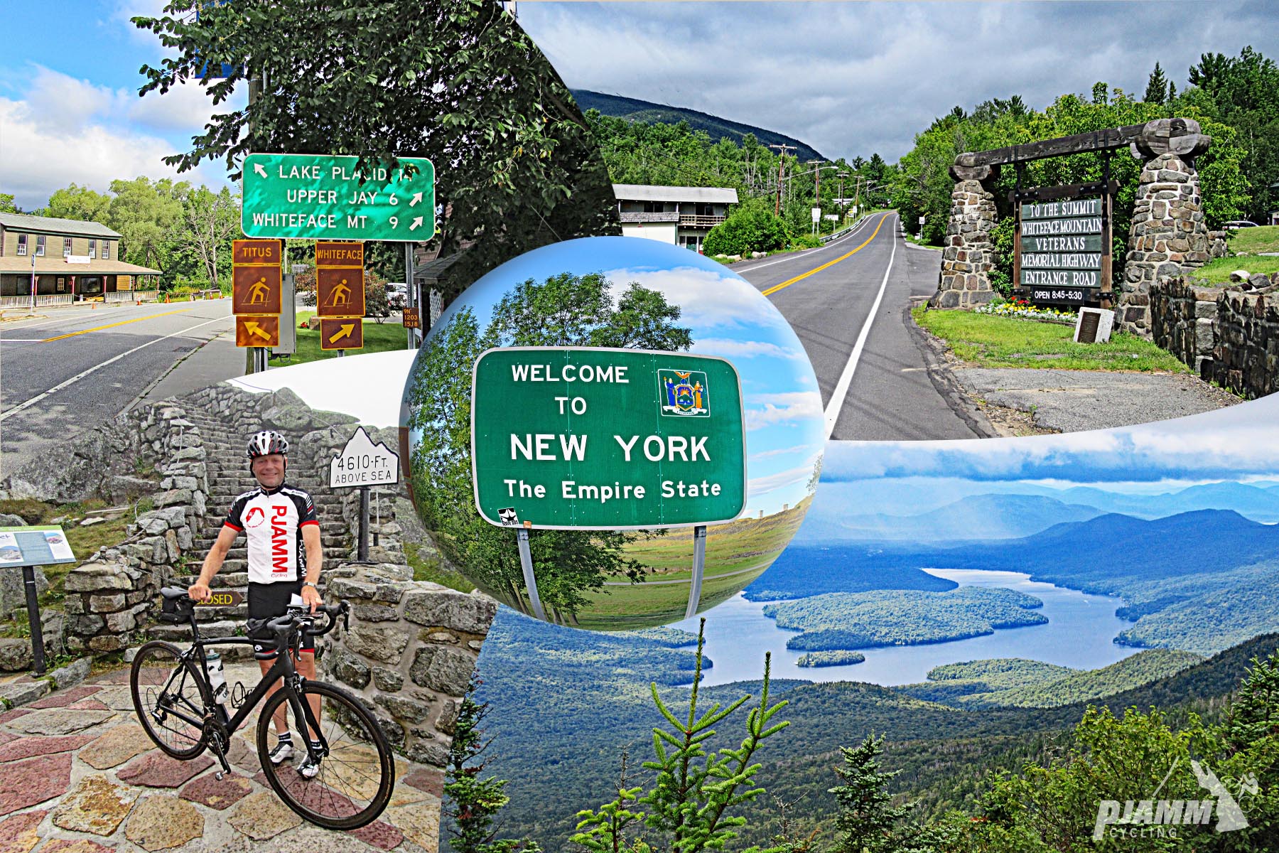 Cycling Whiteface Mountain - photo collage, straight, two-lane roadway, Welcome to New York road sign, arial view of a U-shaped pond, cyclist wearing PJAMM cycling jersey and standing behind bike at the base of a stone staircase