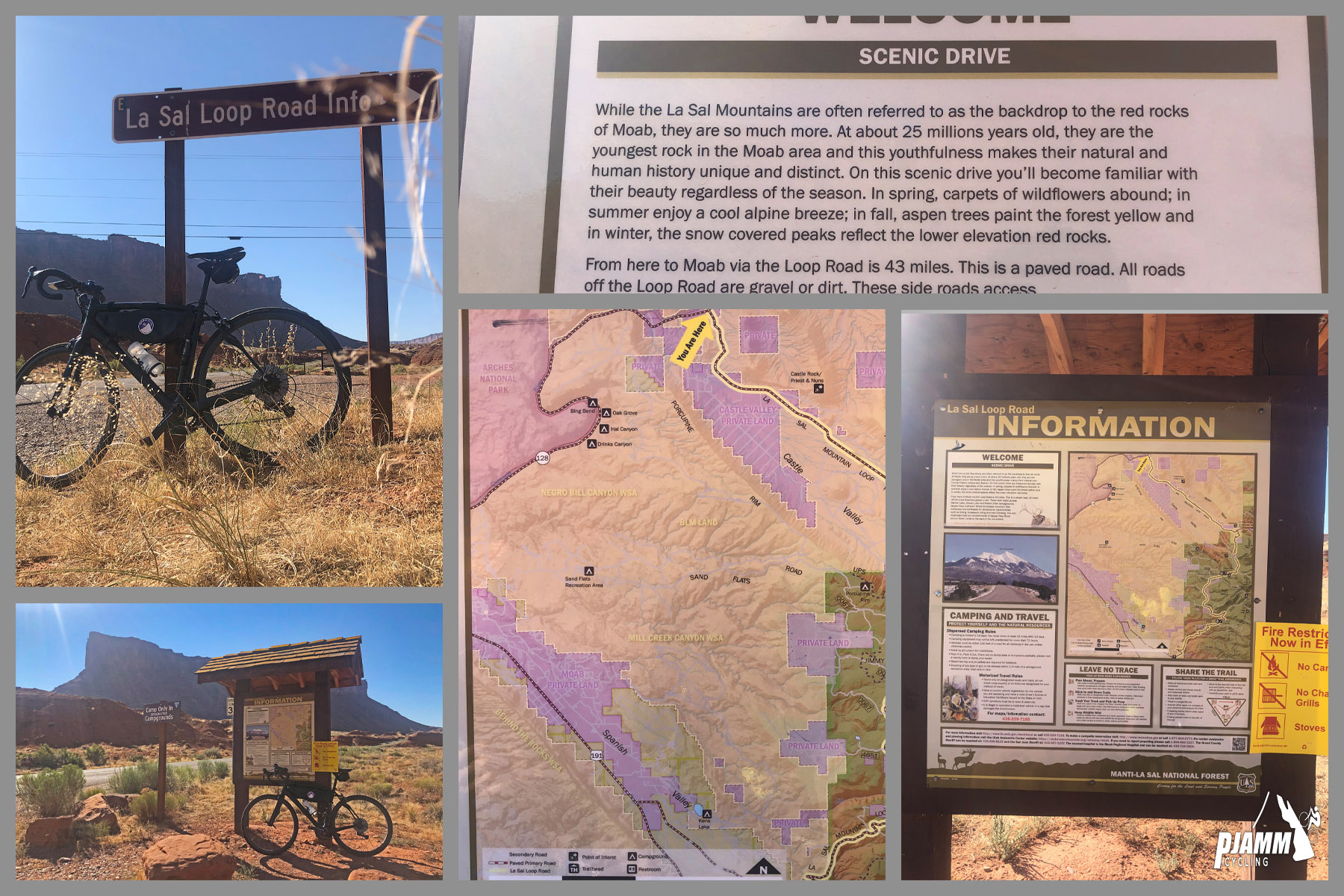 Cycling La Sal Loop Road at Castle Valley - informational signs at start of climb, PJAMM Cycling logo