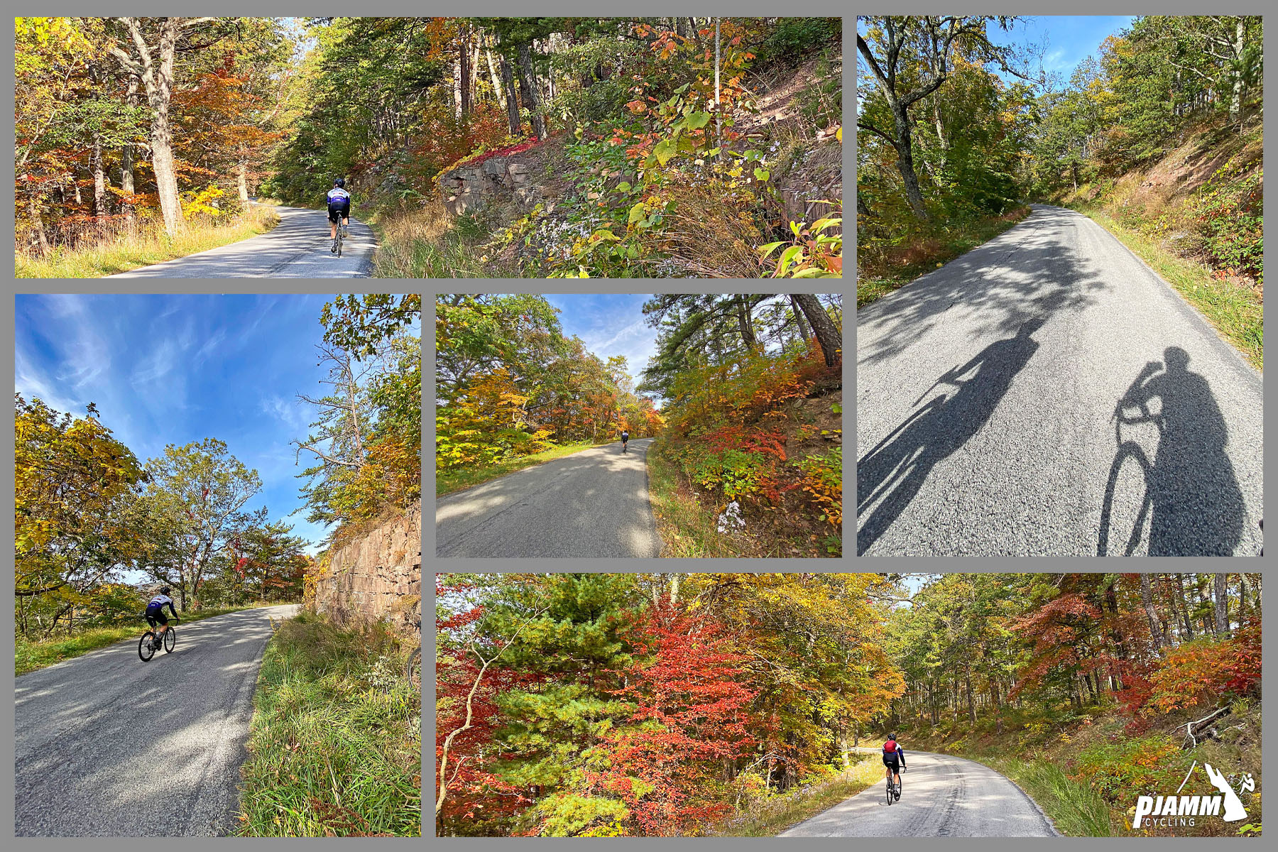 Cycling Reddish Knob, Virginia - views along the climb during fall colors season, bright red, orange, and yellow foliage