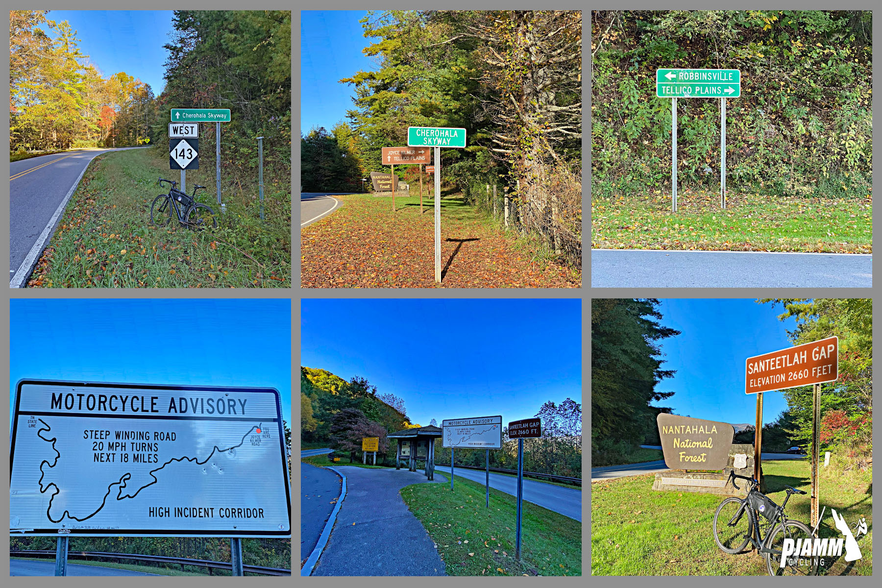 Cycling Cherohala Skyway, North Carolina - lots of roadsigns marking the climb area, PJAMM Cycling logo in corner