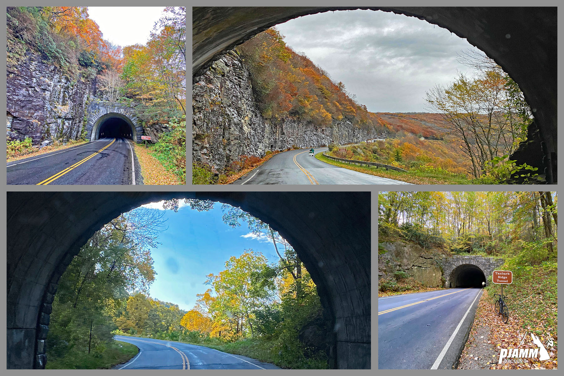 Cycling Blue Ridge Parkway to Craggy Gardens - stone tunnels along the climb, looking out to panoramic views of brightly colored fall foliage along the BRP