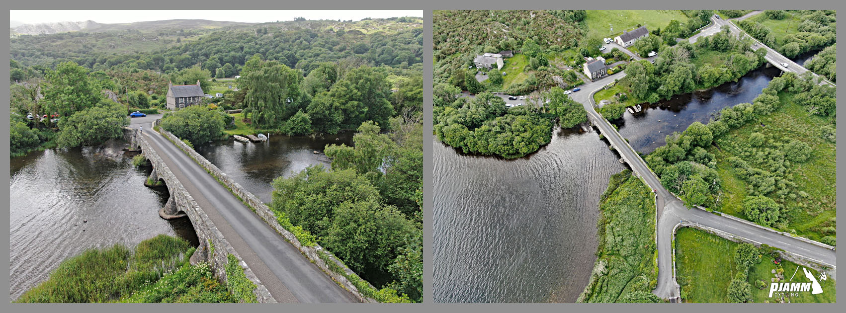 aerial drone views of climb's start, bridge over Llyn Padarn lake, lots of greenery