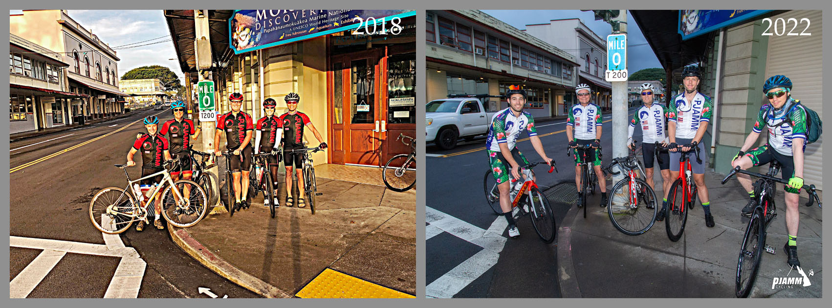 PJAMM Cyclists pose next to Mile 0 sign at climb's start, Waianuenue Avenue