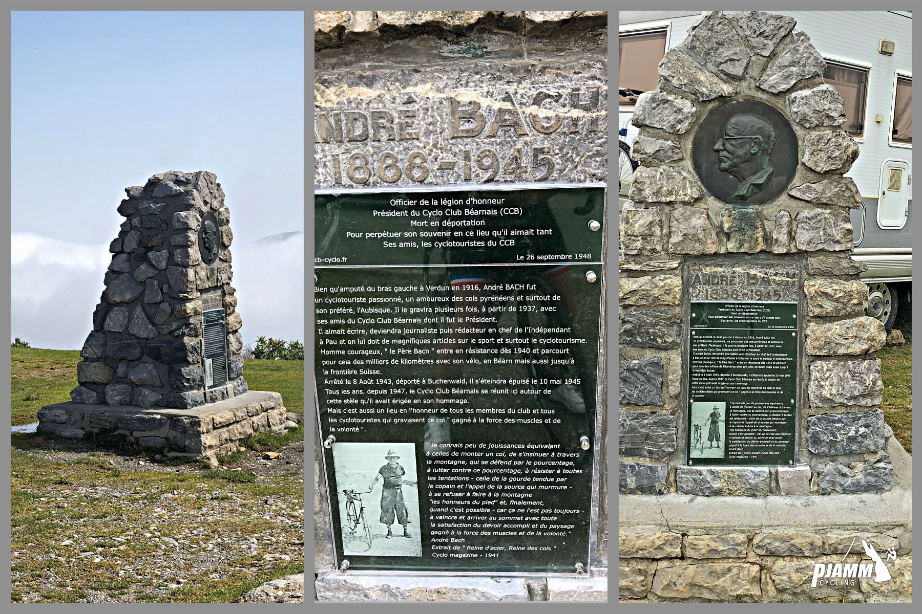 large stone monument at climb finish for the former president of Bearnais Cyclo Clumb