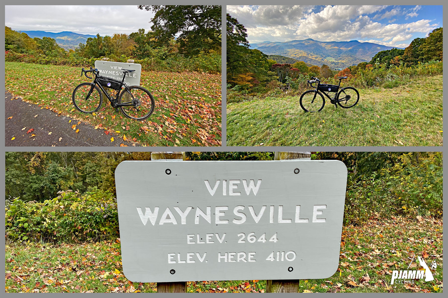 Cycling Richland Balsam, Blue Ridge Parkway - View Waynseville scenic overlook sign, bike parked at overlook sign, fall foliage, mountain vistas