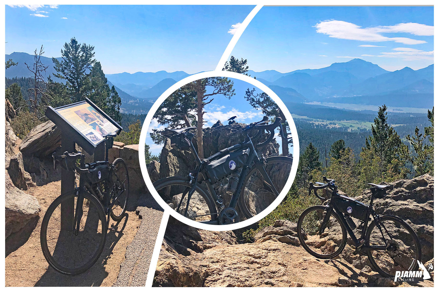 Cycling Trail Ridge PJAMM cycling logo in corner, bike parked at Mary Parks Curve Overlook