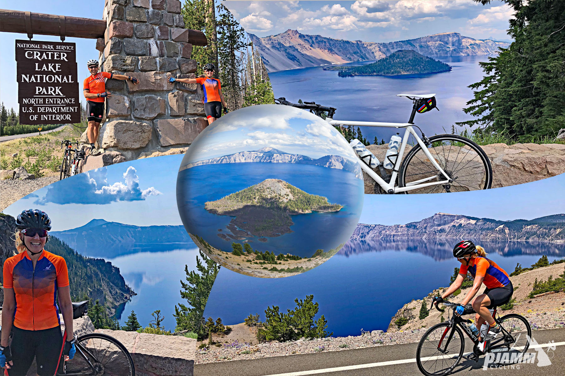 Cycling Crater Lake, Oregon, Northern Entrance - photo collage, Wizard Island in the center of Crater Lake, cyclists riding on road overlooking lake, cyclists standing on platform at Crater Lake National Park sign, PJAMM Cycling logo in corner