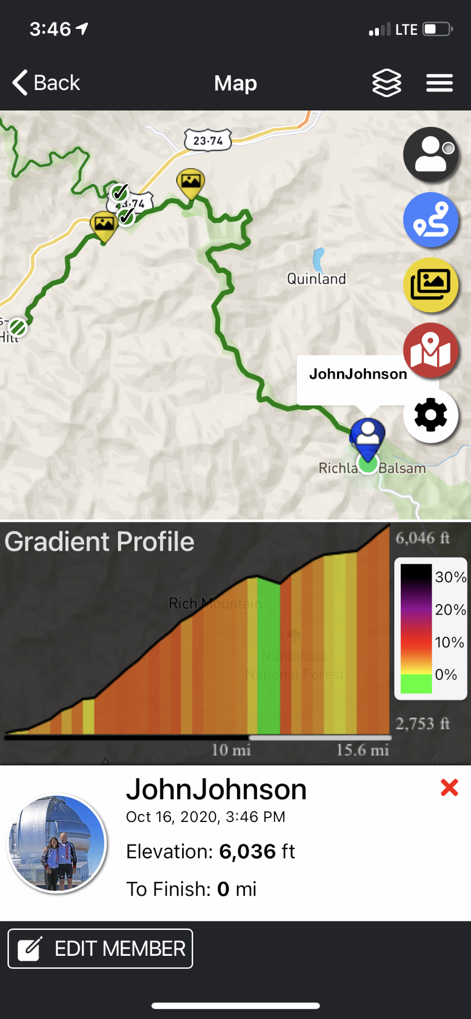 Cycling Richland Balsam, Blue Ridge Parkway - PJAMM Adventure App shows climb grade and profile and finish