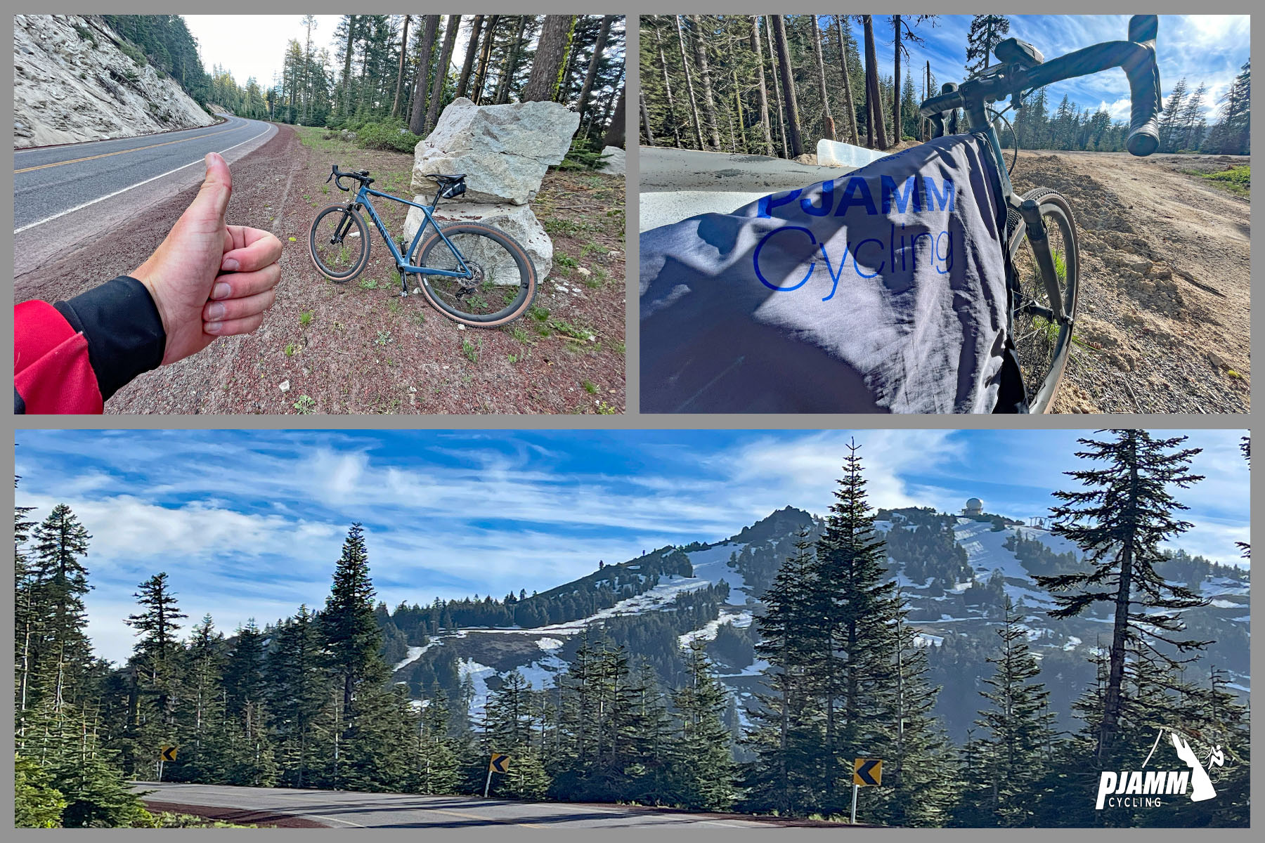 Cycling Mt. Ashland, Oregon via Loop Road: photo collage shows the merge onto the paved Mt. Ashland Road at Bull Gap, mile 16 of bike climb; snow dots the mountain in the distance, where National Weather Service Dome can be seen on mountain summit