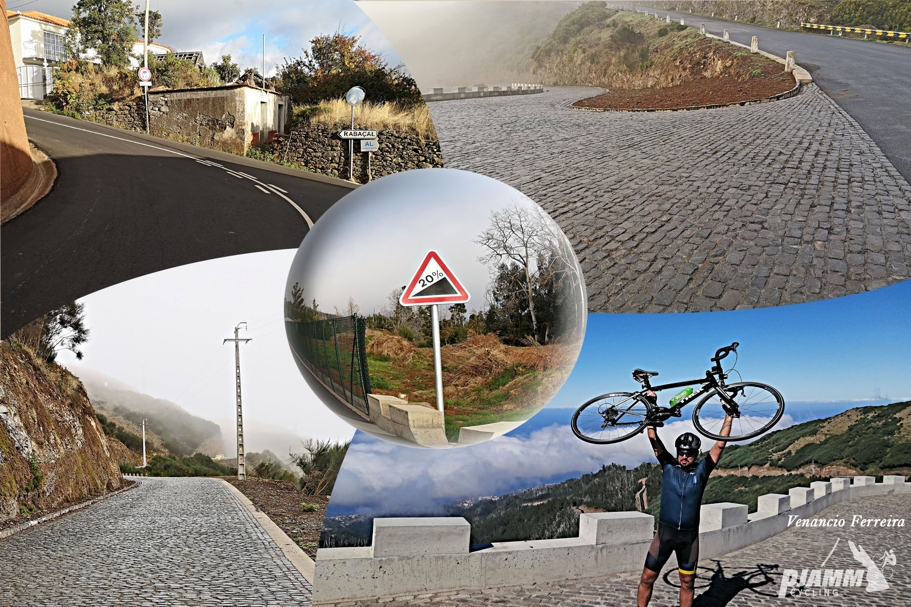 photo collage includes grade sign reading 20%, PJAMM Cyclist holding bike over head at climb's finish, cobblestone roadway
