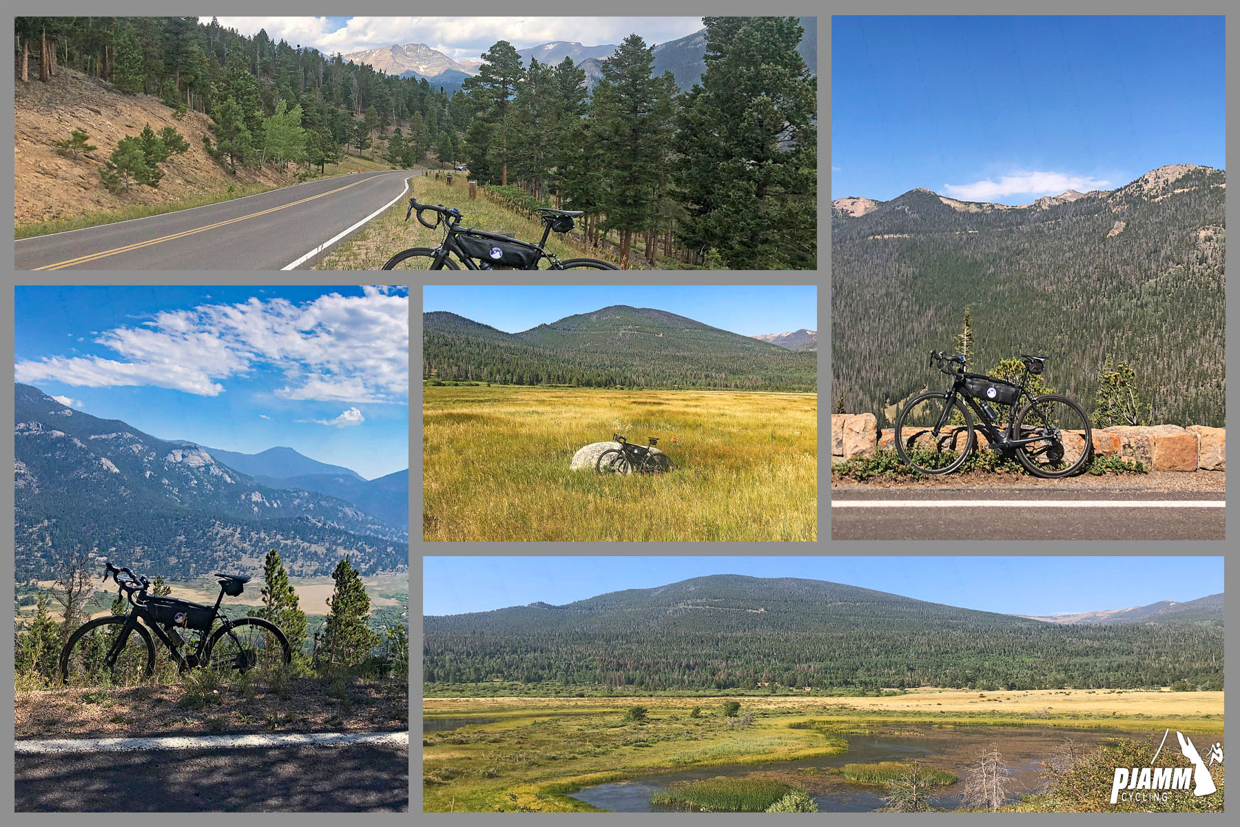 Cycling Trail Ridge Cycling Trail Ridge - photo collage, PJAMM Cycling logo in corner, bike parked along various scenic points along climb, in green pasture, along roadside overlooking mountain ranges and evergreen trees
