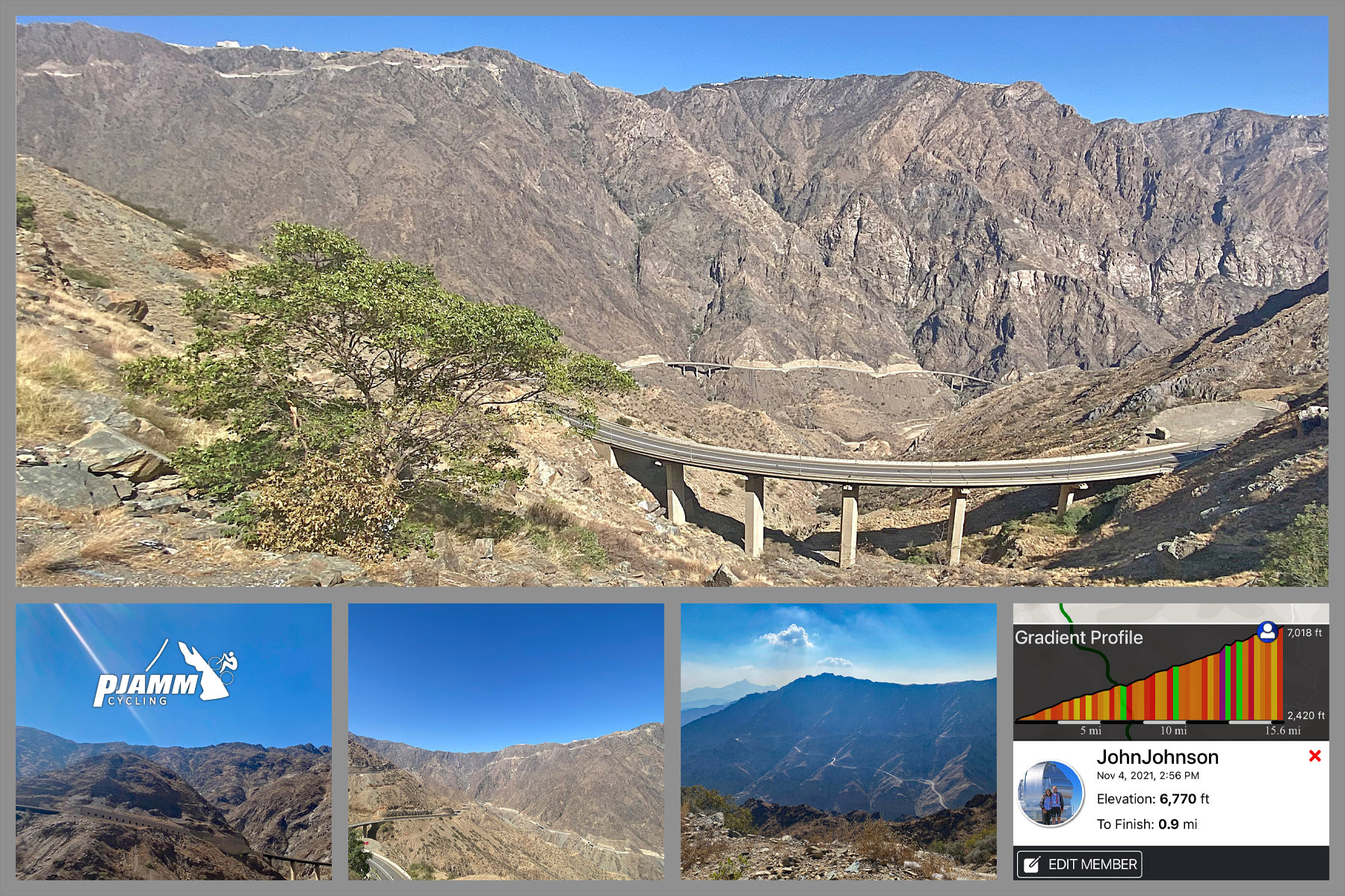 Cycling Al Bahah Pass, Saudi Arabia - aerial view looking down shows panoramic view of road carved into side of mountains, bridge connecting road over small valley, PJAMM Cycling logo, photo collage, ride gradient profile