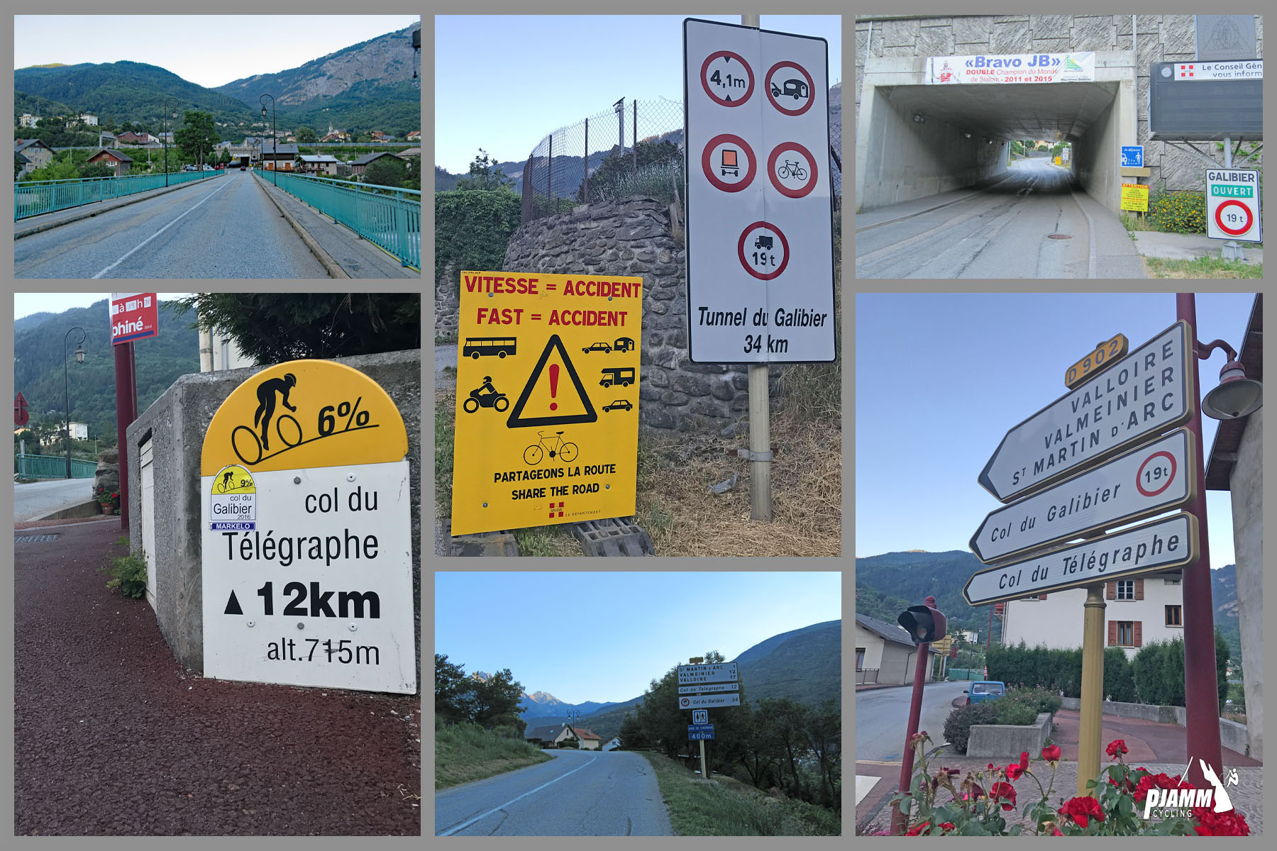 Cycling Col du Galibier & Telegraphe: photo collage shows street signs along the climb