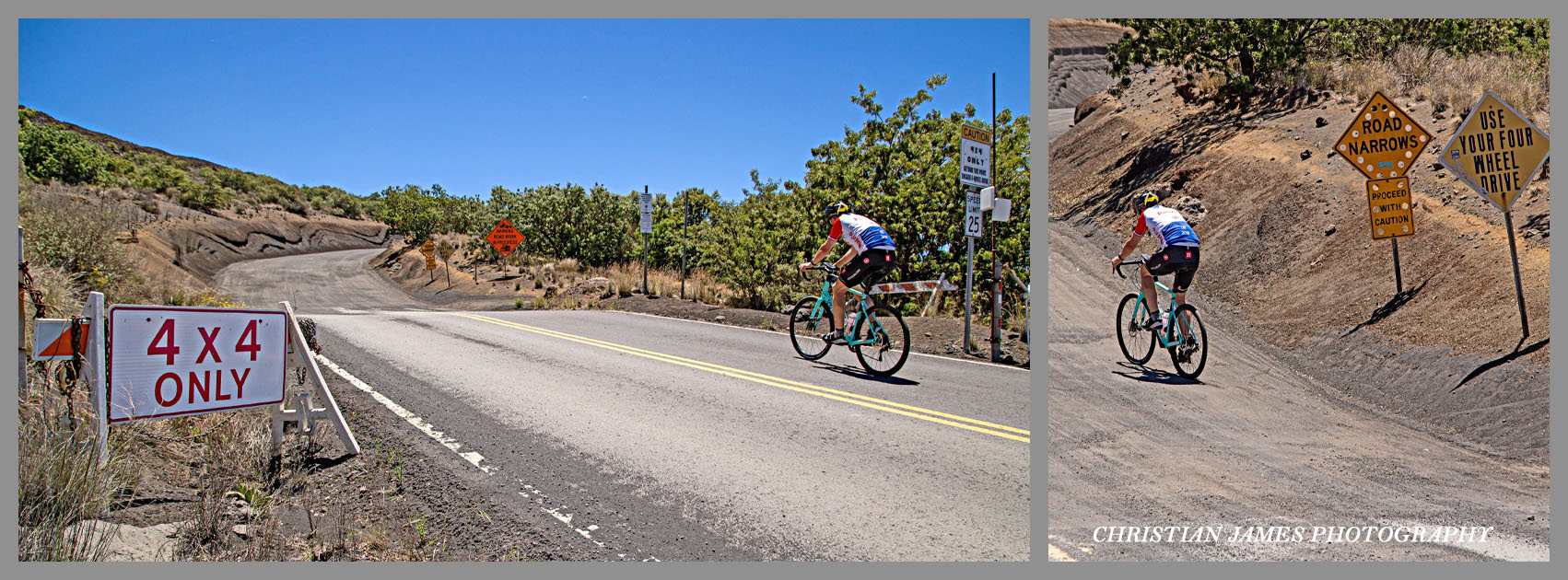 Cycling Mauna Kea from the West  - cyclists ride past sign reading 4x4 only