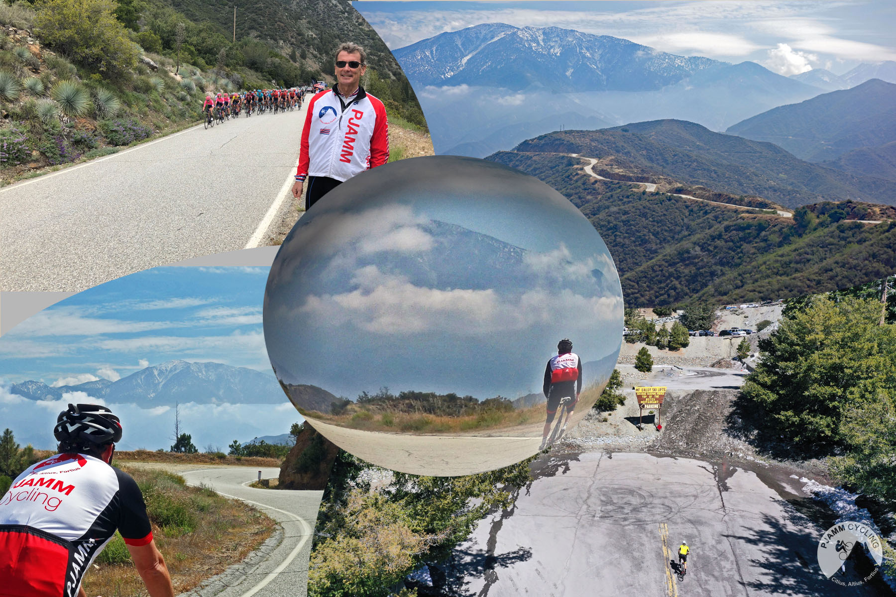 Cycling Glendora Mountain Road, California - PJAMM Cyclists riding on roadway, road seen snaking up mountainside, San Gabriel Mountains