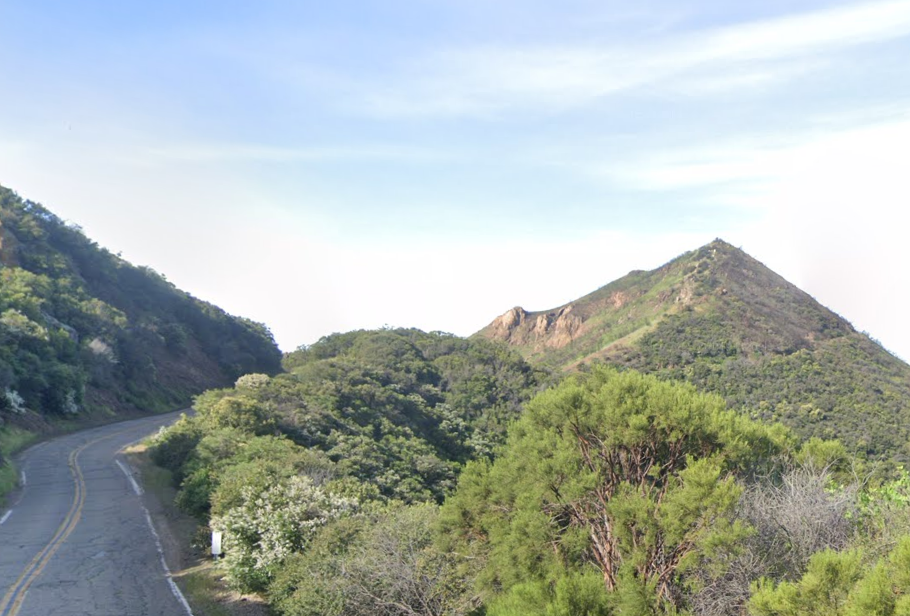 Cycling Decker Road to Yerba Buena high point - Sandstone Peak, the highest point in the Santa Monica Mountains, as seen from ride finish