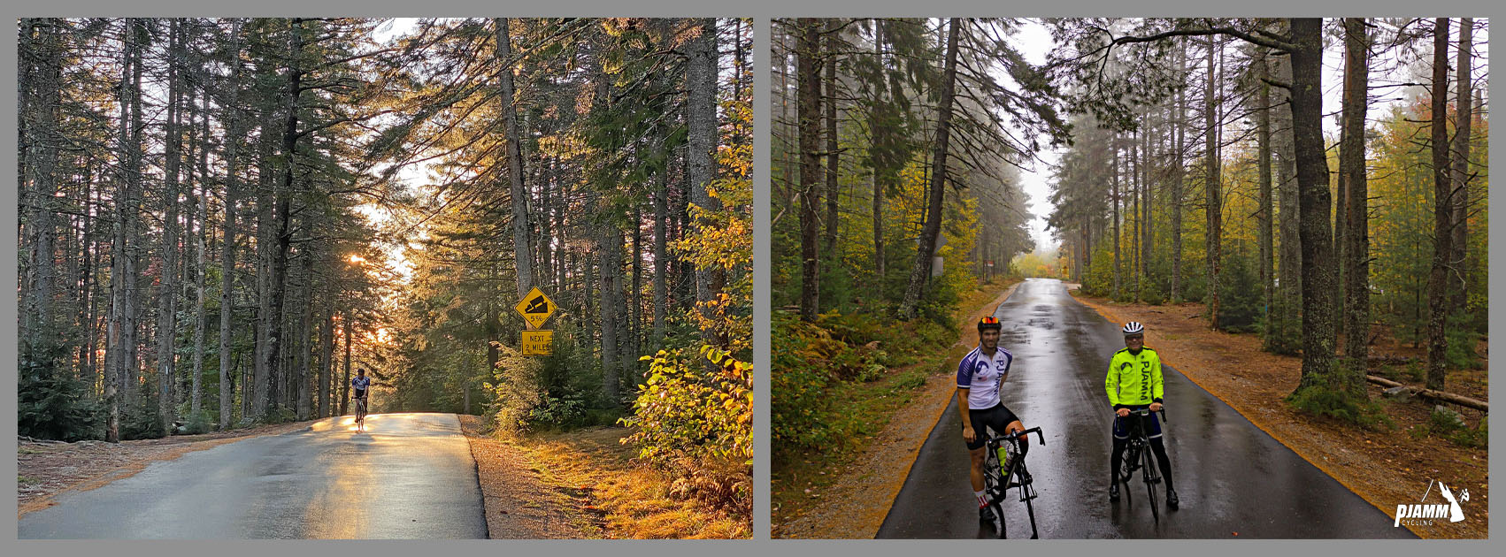 Cycling Hurricane Mountain Road West, New Hampshire - two cyclists stand on one-lane roadway at climb's finish, surrounded by dense forestation, sunlight peeking through trees