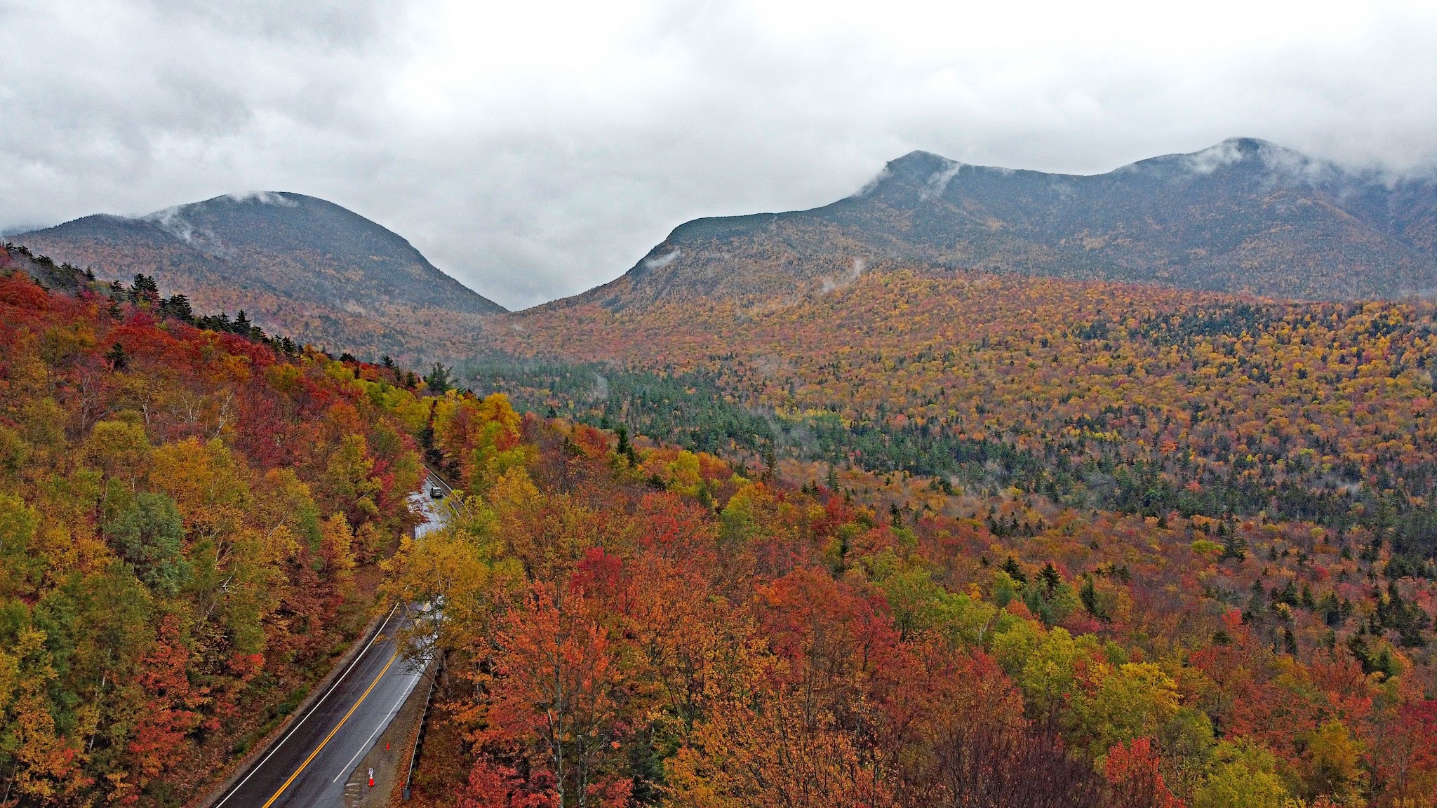 Cycling New England's White Mountains - aerial view of fall colors
