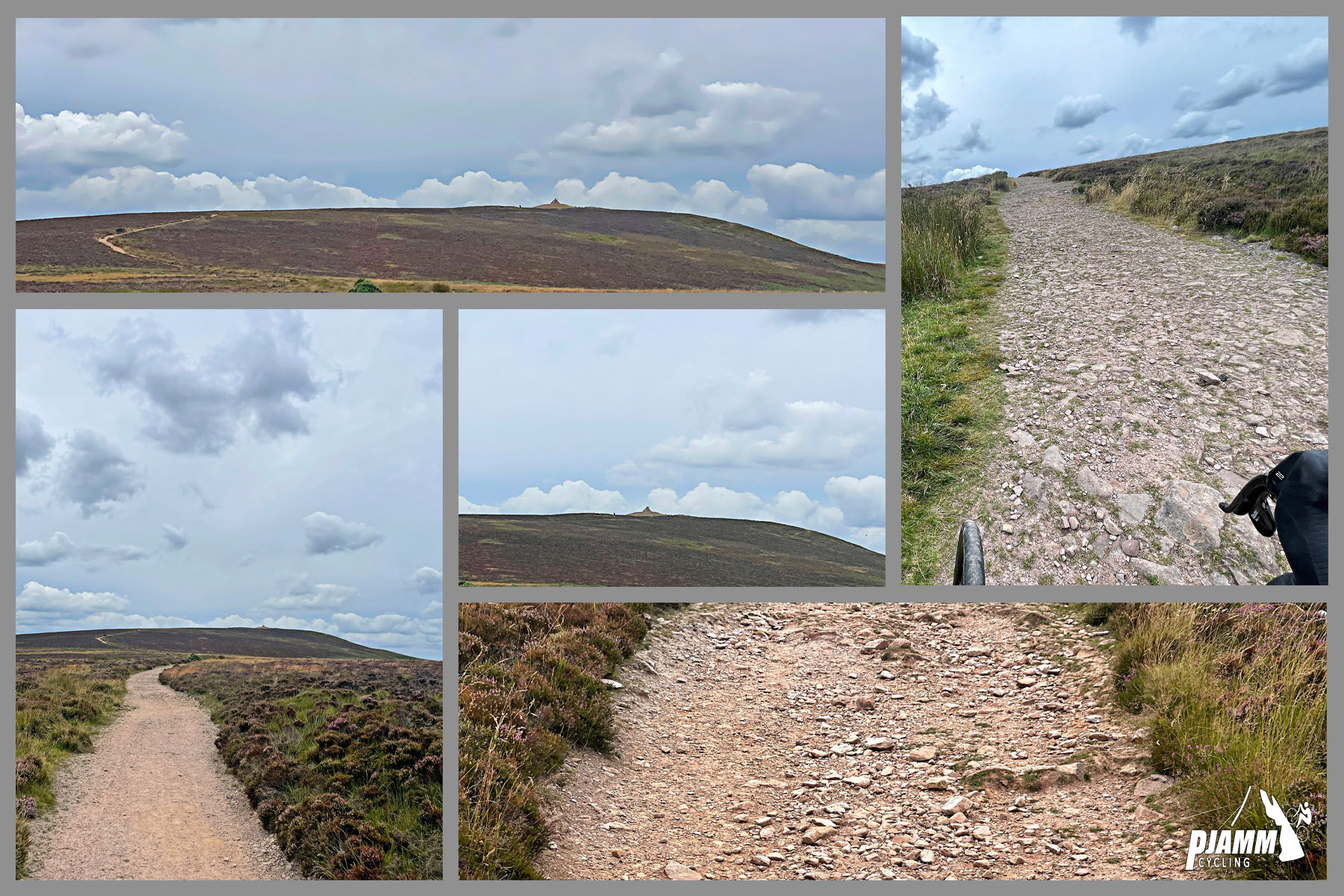 photo collage shows how rough the gravel roadway is on the climb to Dunkery Beacon