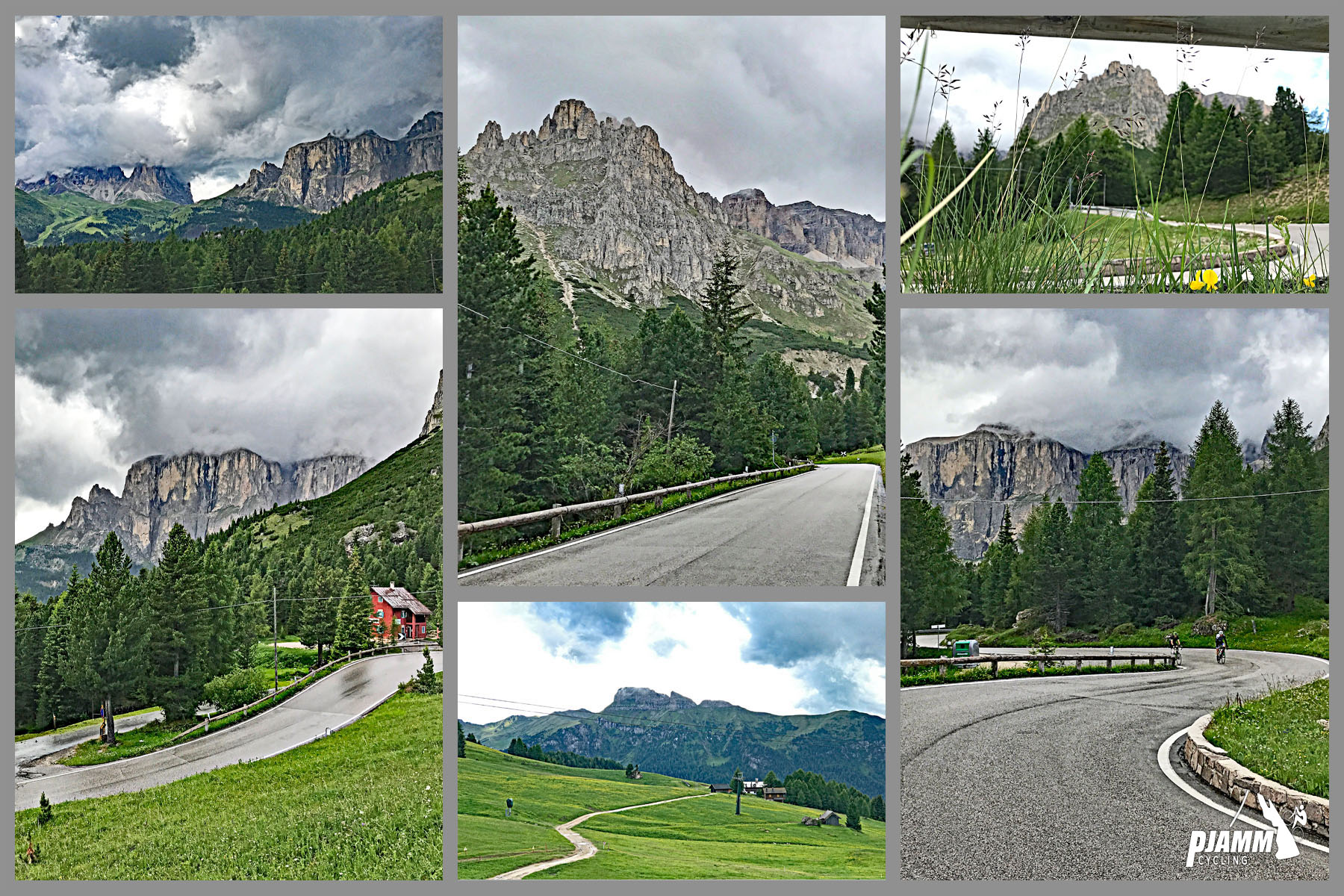 Cycling Passo Pordoi from Canazei - green hillsides along the roadway