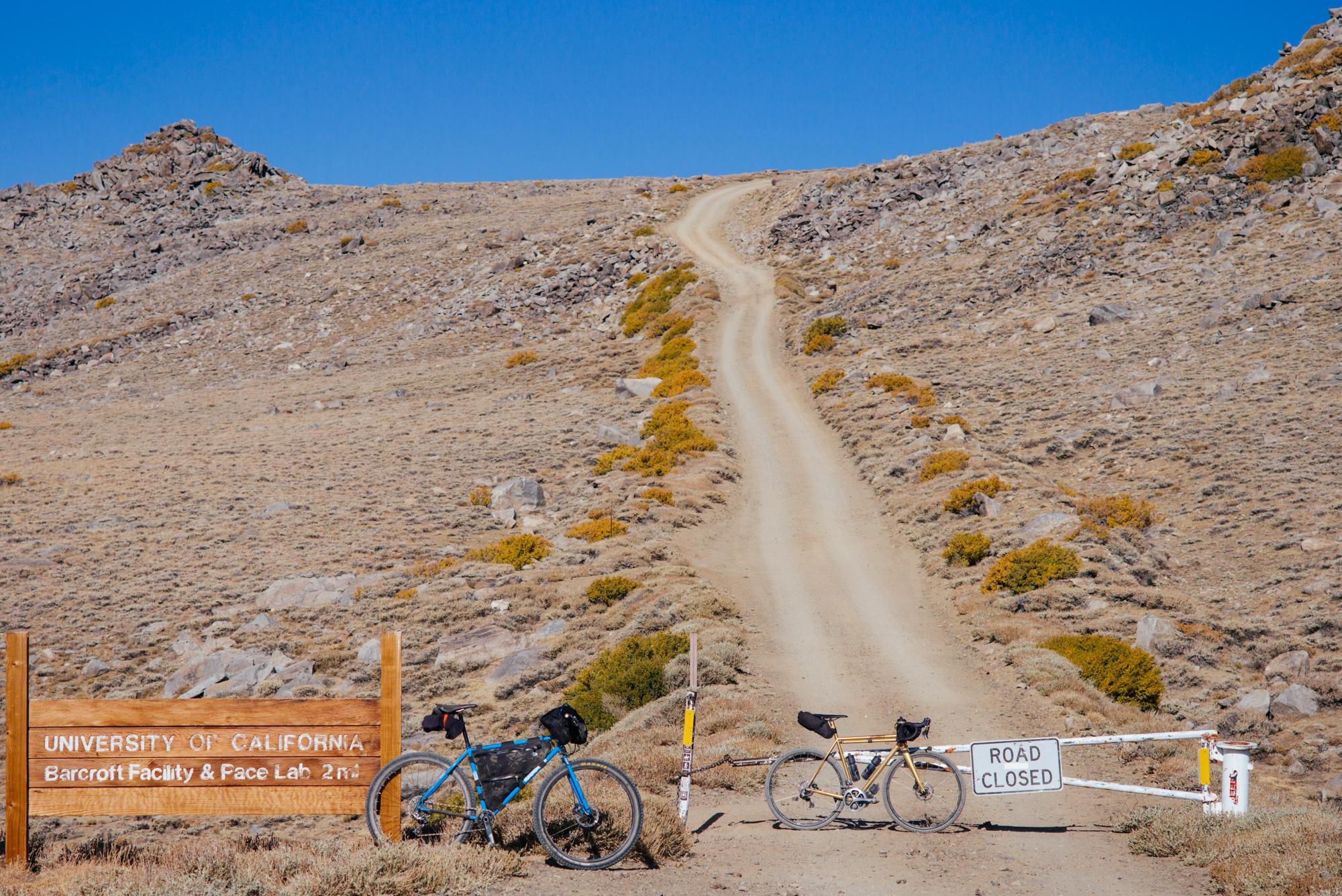 White Mountain Peak from Big Pine, California - bike parked in front of locked gate at Bancroft Facility
