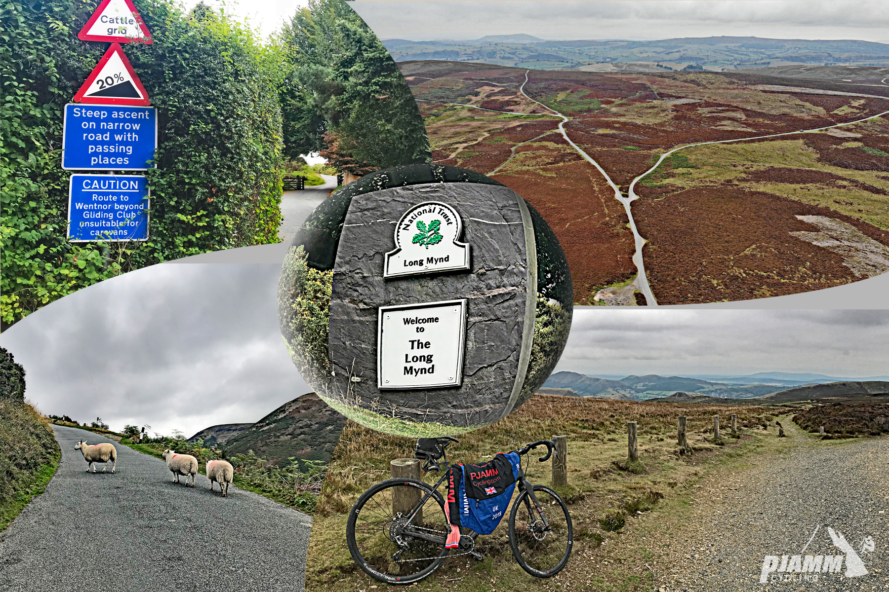 Cycling The Burway - photo collage including 20% Grade Road sign within thick hedges, arial view of fork in the road, bicycle leaning against wire fence with PJAMM cycling jersey hanging from bike, three sheep crossing roadway on hillside, National Trust sign for The Long Mynd