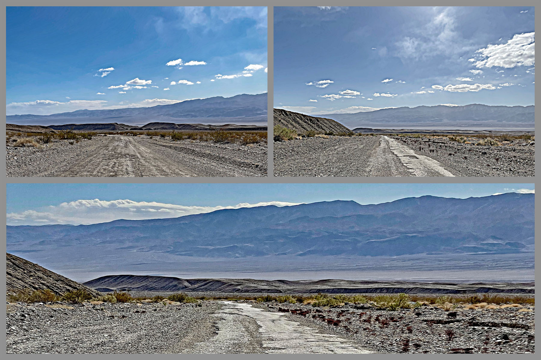 Cycling Death Valley National Park, California  - views of dry, gravel road and arid desert landscape