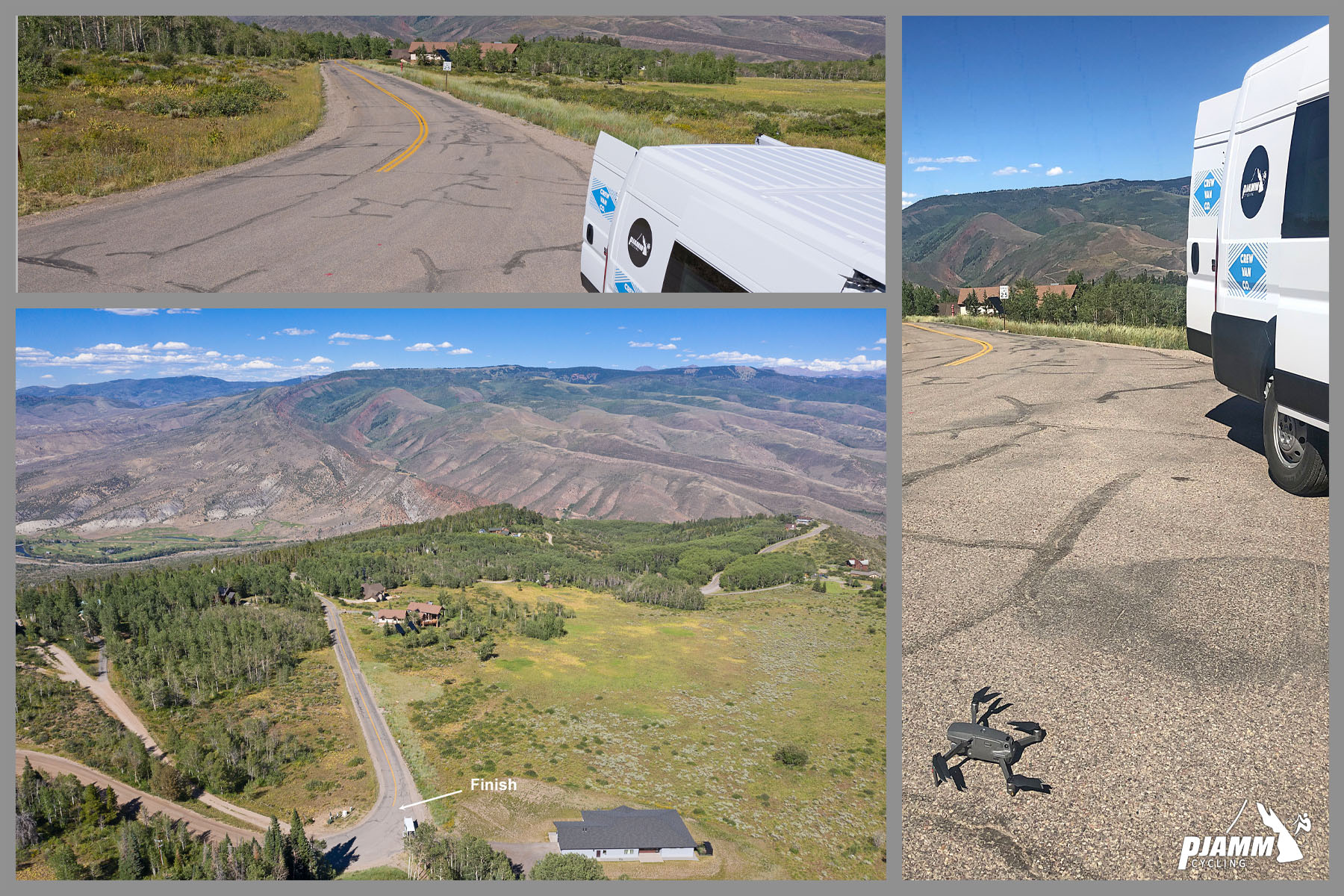 Cycling Bellyache Ridge, Colorado - photo collage, PJAMM Cycling logo in corner, PJAMM Cycling white SAG van parked on roadway at end of pavement, end of climb