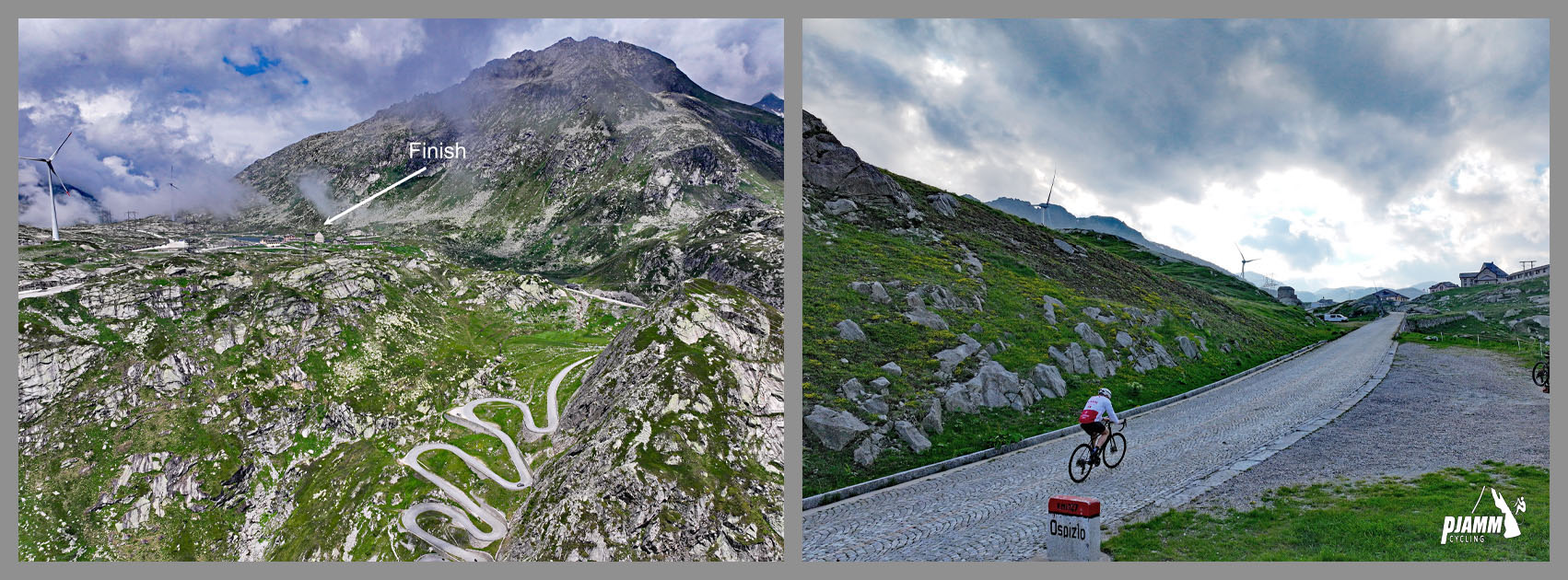 Cycling St. Gotthard Pass, Switzerland - PJAMM cyclist rides on cobbles at climb's finish