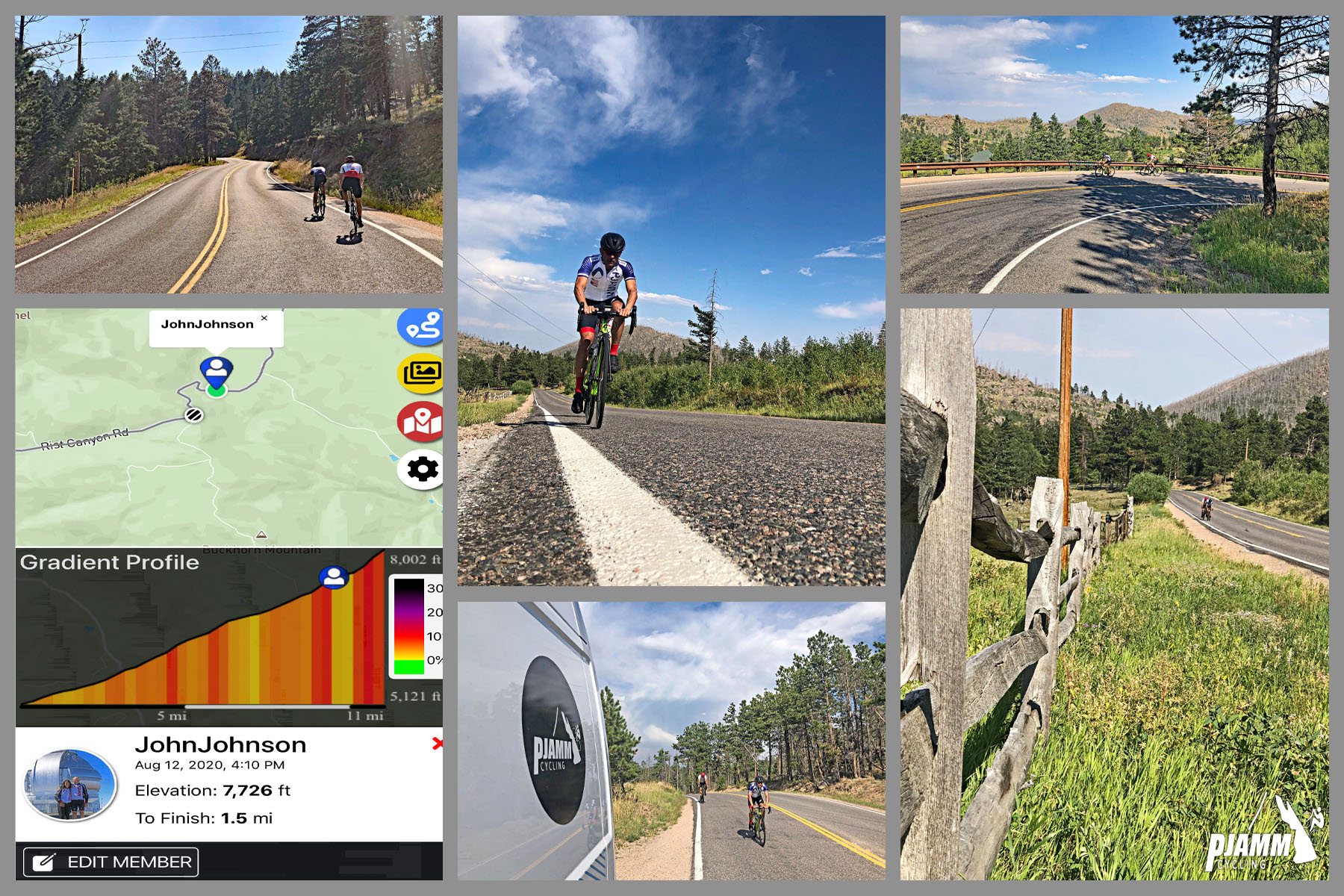 Cycling Rist Canyon East - photo collage, PJAMM Cycling logo in corner, climb map and gradient profile, cyclists riding on straight portion of two-lane roadway, PJAMM Cycling's white SAG vehicle