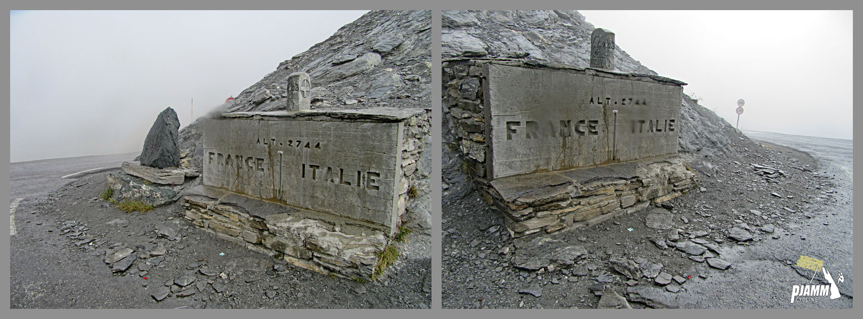 Cycling Colle dell’Agnello, France and Italy - stone sign on mountain at border of France and Italy