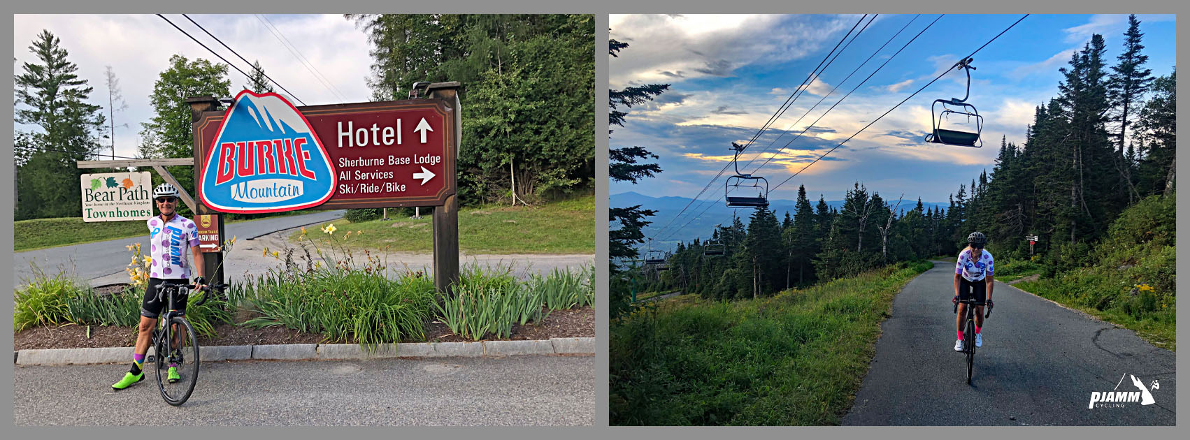 PJAMM Cyclists ride the Burke Mountain, Vermont Climb; stand with bikes in front of sign for Burke Mountain Hotel, ski lift behind