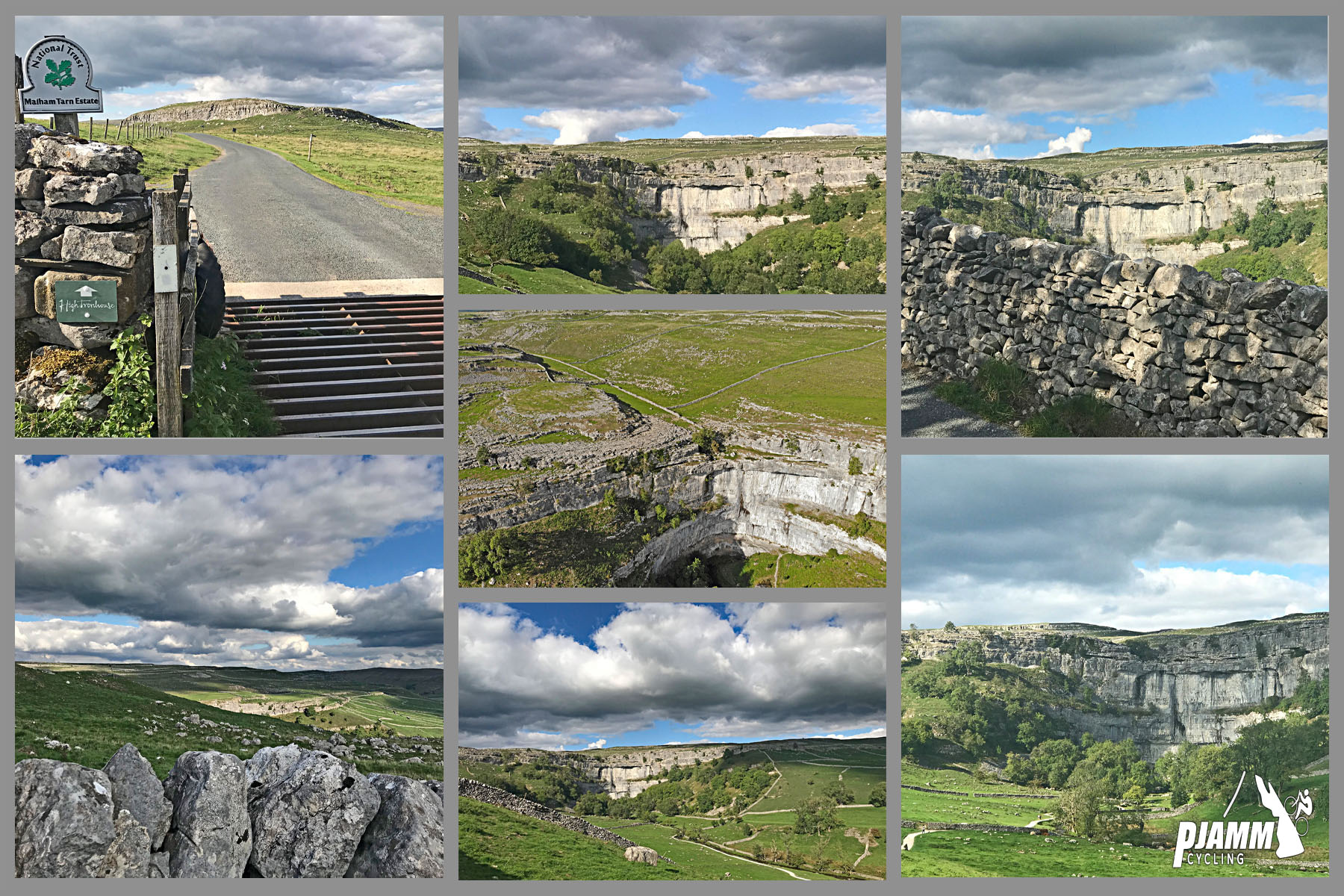 Cycling Malham Cove - various views of the limestone rock wall at the Malham Cove Estate National Trust sight, PJAMM Cycling logo in corner