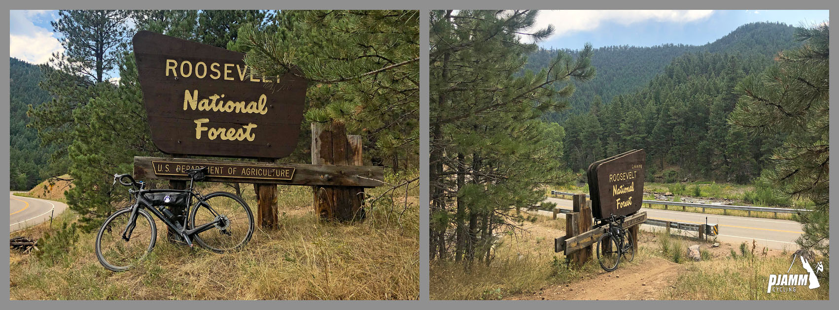 Cycling Left Hand Canyon, Boulder, Colorado - PJAMM Cycling logo in corner, bike parked in grass next to large wooden sign for Roosevelt National Forest
