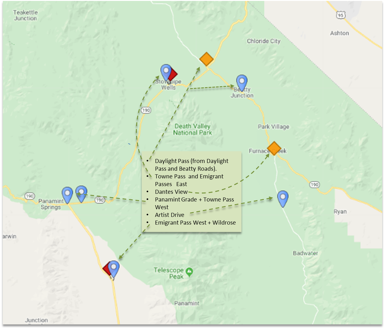 Cycling Death Valley National Park, California - map showing top climbs in the Death Valley area 