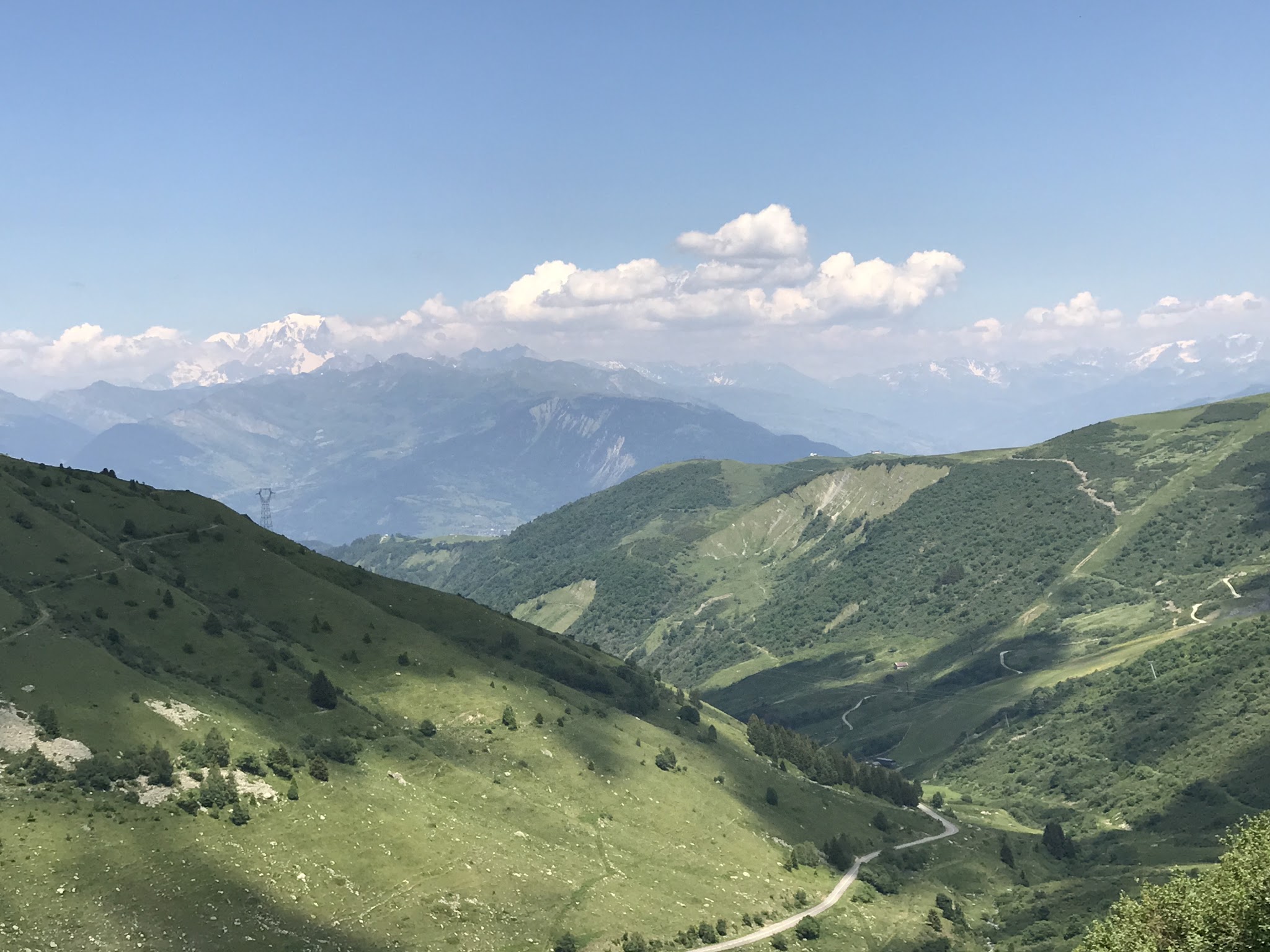 Bicycle ride up Col de Madeleine from La Léchère - view of Mont Blanc