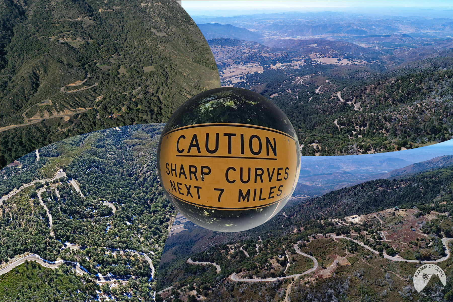 Cycling Southern California - Palomar Mountain, San Diego County; road sign reads "Caution: Sharp Curves Next 7 Miles", aerial views of curvy road along mountain, PJAMM Cycling logo in corner
