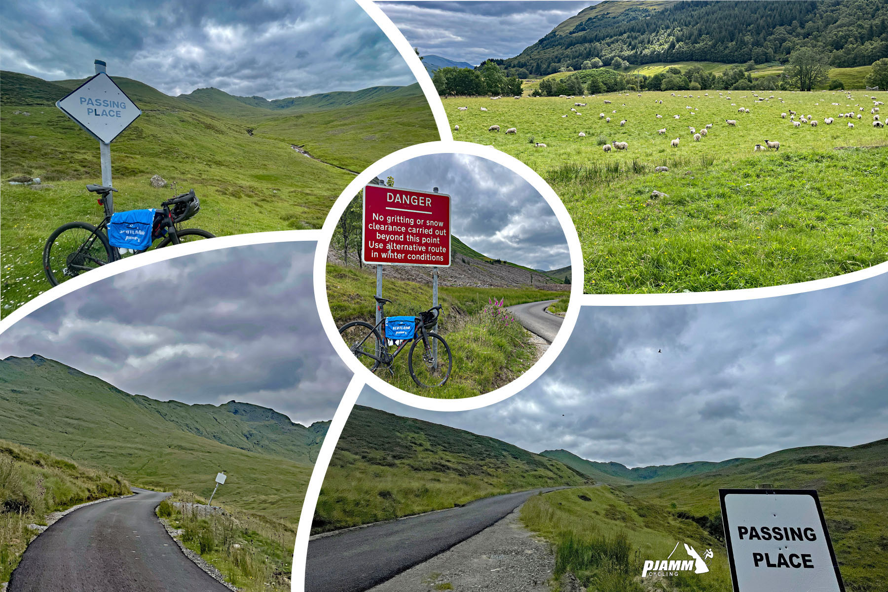 photo collage shows sweeping views of green pastureland, road signs warning that this is a passing place