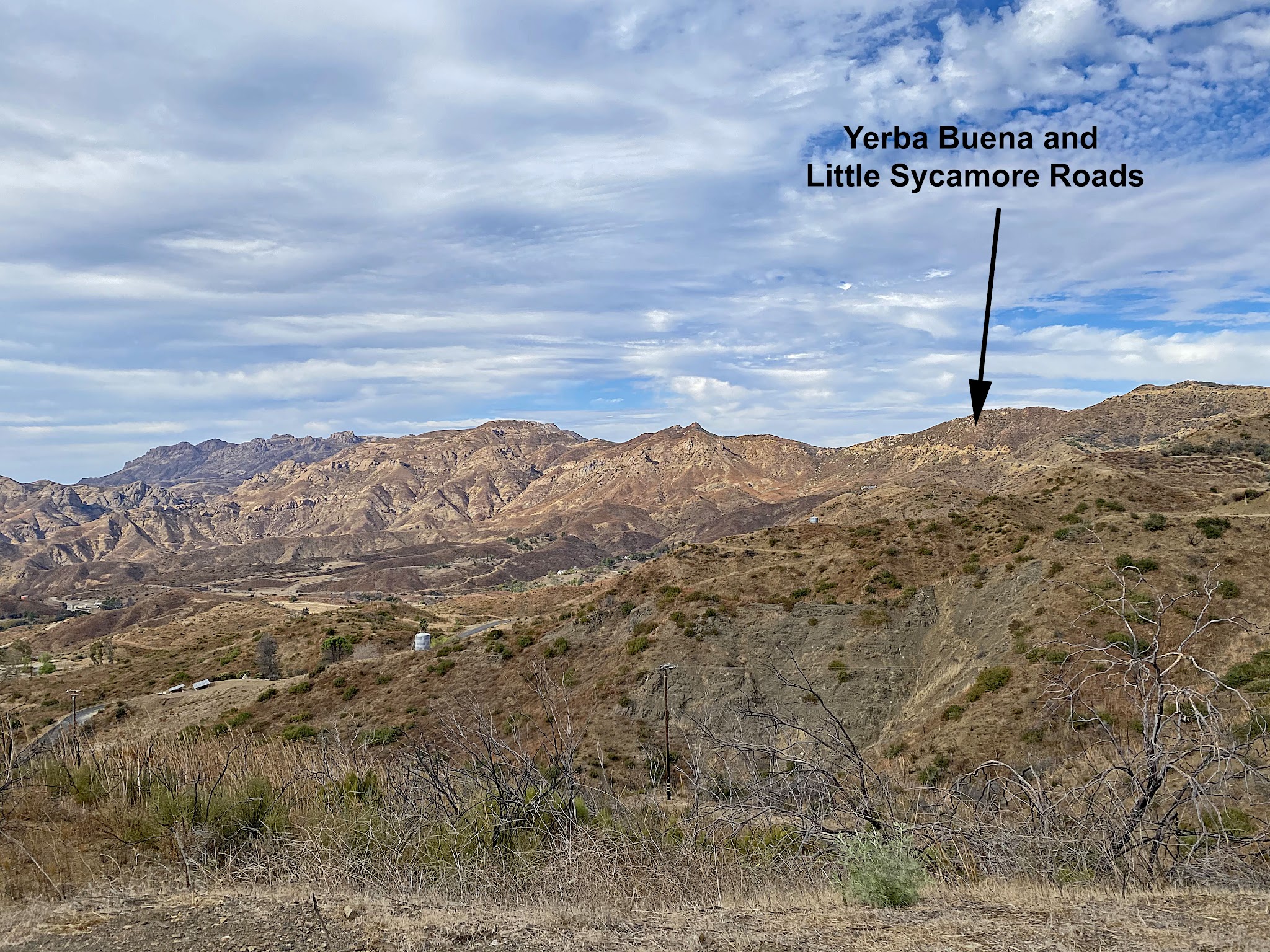 Cycling decker Road to Yerba Buena high point - Santa Monica Mountains, Yerba Buena and Little Sycamore Roads can be seen at top of photo