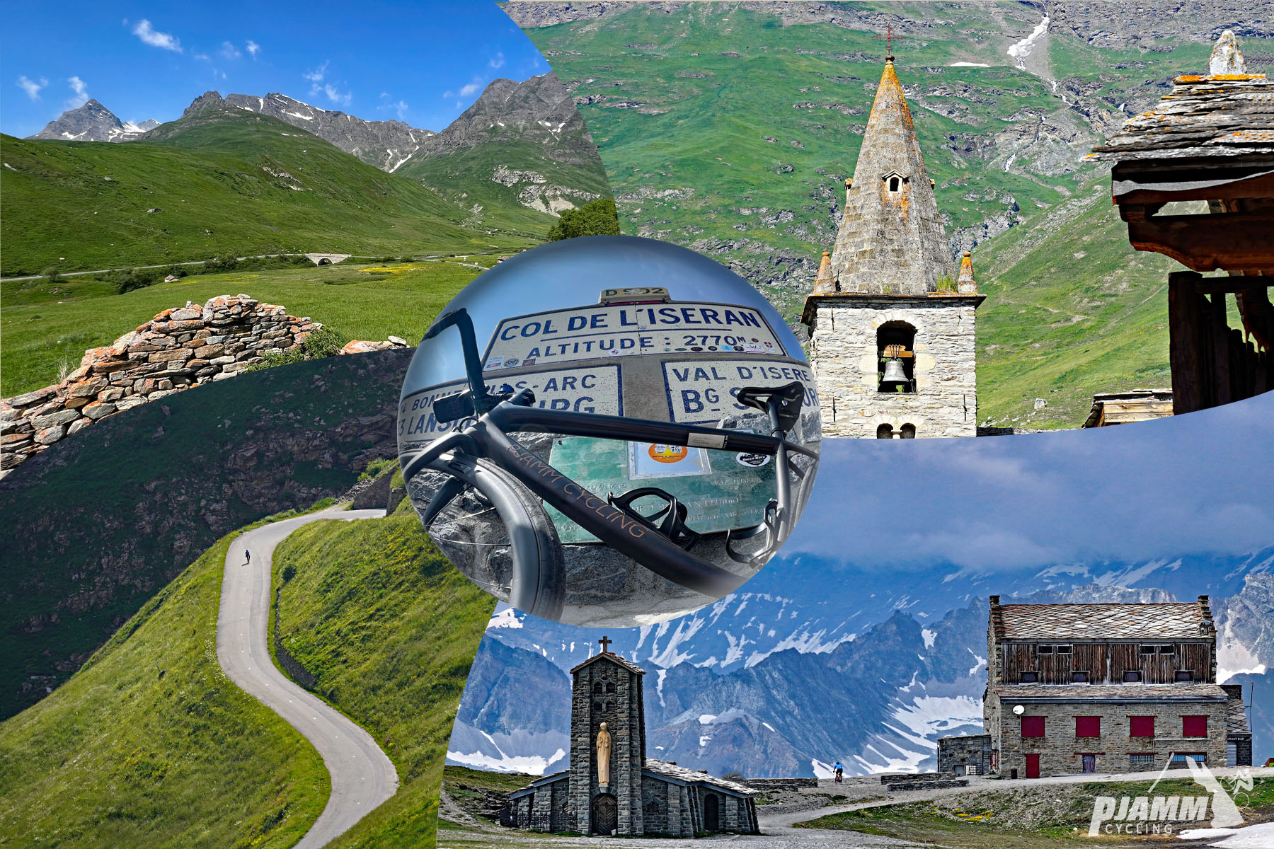 Cycling Col de L'Iseran from Bonneval-sur-Arc: photo collage shows bike parked next to street sign for Col de L'Iseran; green hillsides and stone fences; old stone church