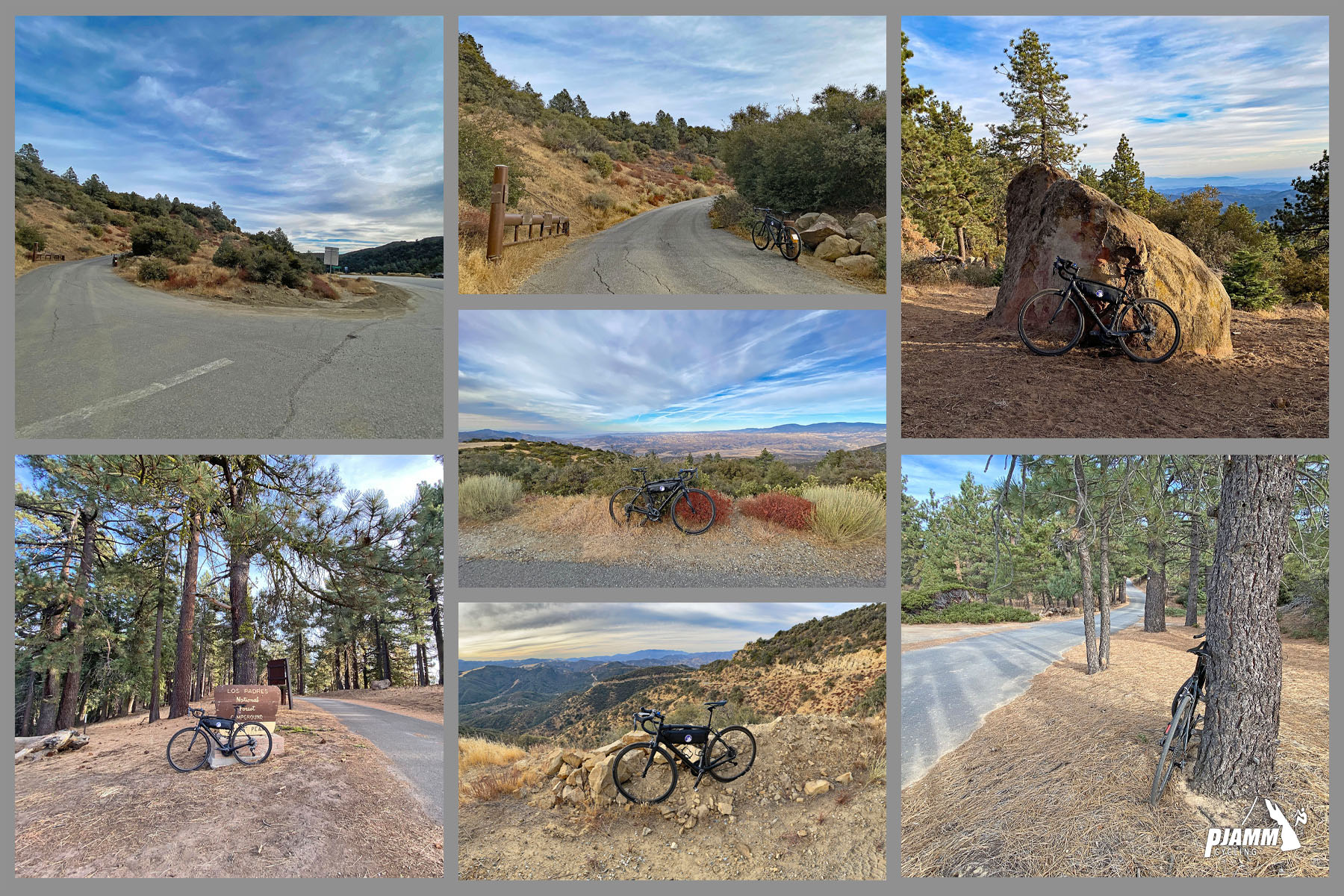 Cycling Highway 33 to Pine Creek Summit - Pine Mountain Ridge Road, bike parked on hillside, alpine landscape