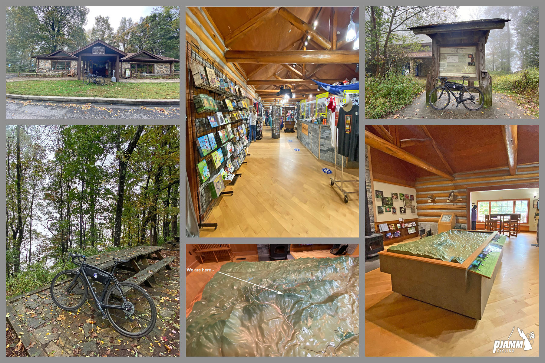 Cycling Caesars Head, South Carolina - photo collage, inside and outside of Caesars Head State Park Visitor's Center, PJAMM Cycling logo in corner