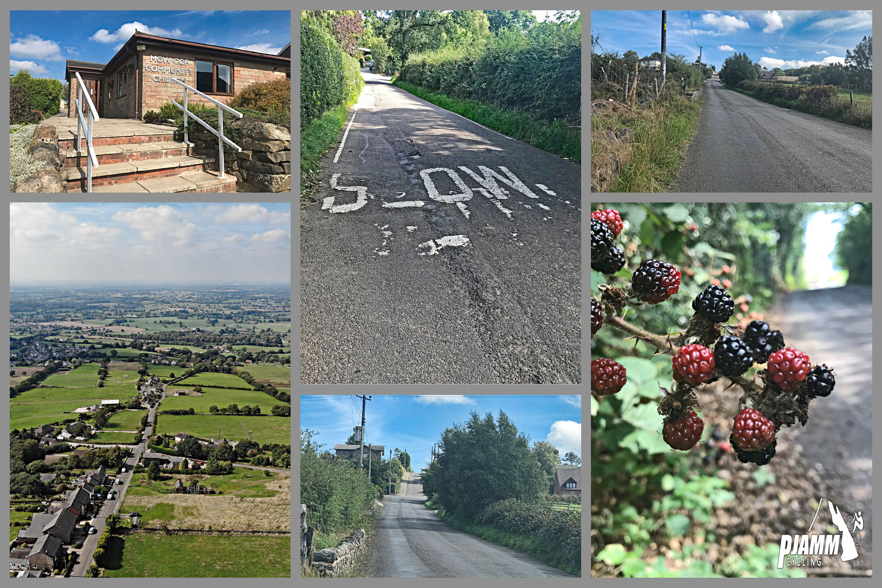 Cycling Mow Cop - weathered road with the word "SLOW" painted across it, aerial view of pastureland, one-lane road, close up of blackberries on the vine, PJAMM Cycling logo in corner