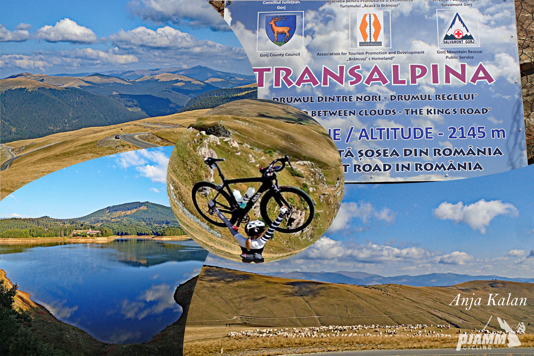 Cycling Transalpina North, Romania - photo collage, PJAMM Cycling logo in corner, cyclist stands on mountain top looking down, holding her bike over her head, alpine lake, sign for Transalpina