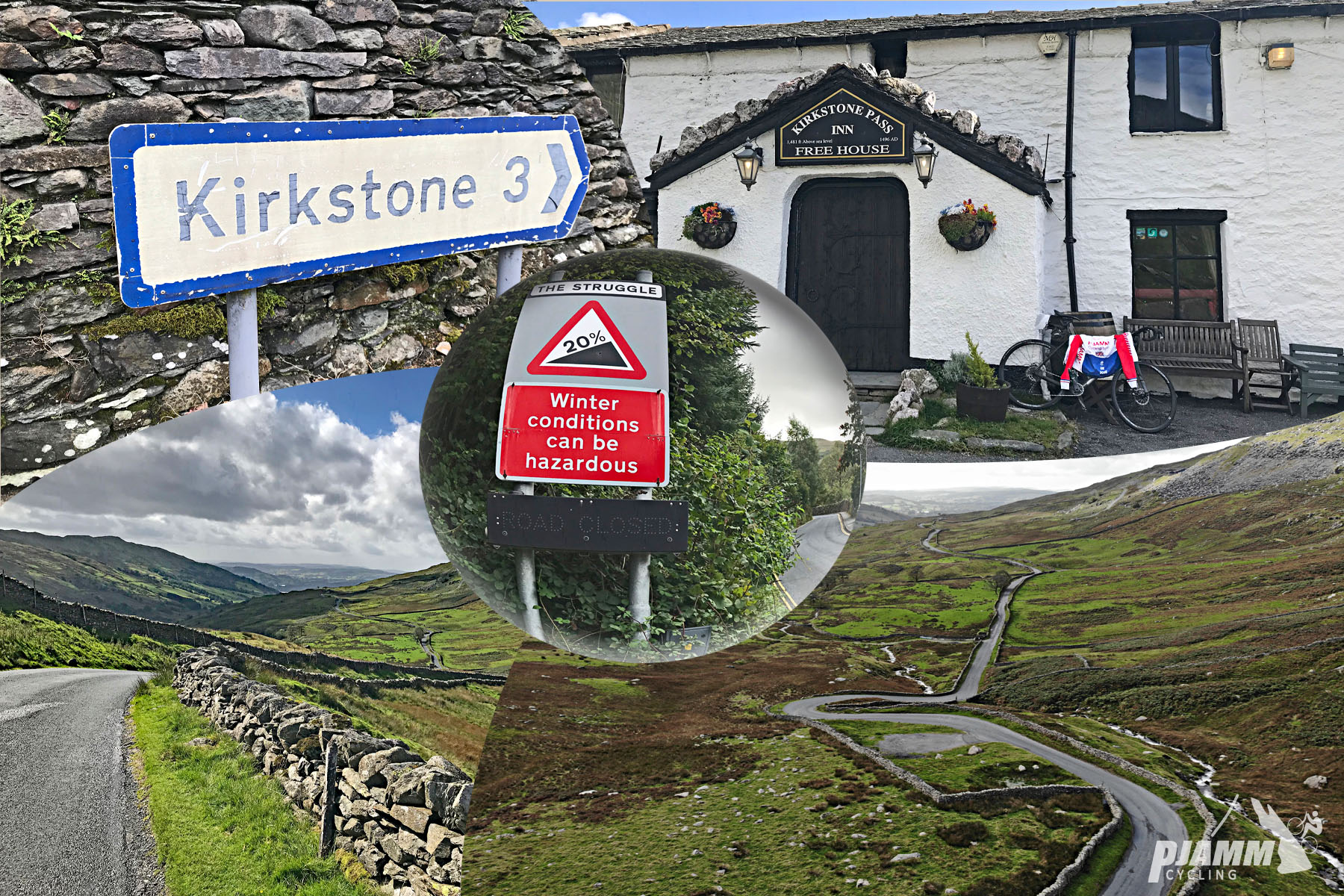 Cycling Kirkstone from Ambleside (The Struggle) - road sign for Kirkstone along a stone wall, white building with sign noting Kirkstone Pass Inn with PJAMM Cycling bike and jersey propped up against it, road winding through countryside hills, sign for 20% grade and advertising hazardous winter conditions