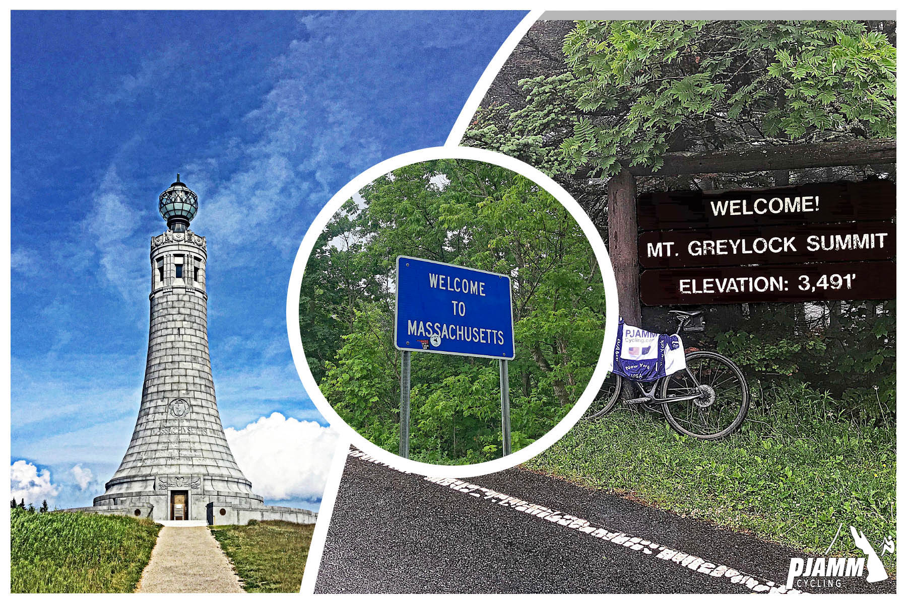 Cycling Mt. Greylock, Massachusetts  - photo collage, PJAMM Cycling logo in corner, Mt. Greylock Veterans Memorial tower, road sign reading "Welcome to Massachusetts", and bike parked against sign saying "Welcome! Mt. Greylock Summit Elevation: 3,491'"