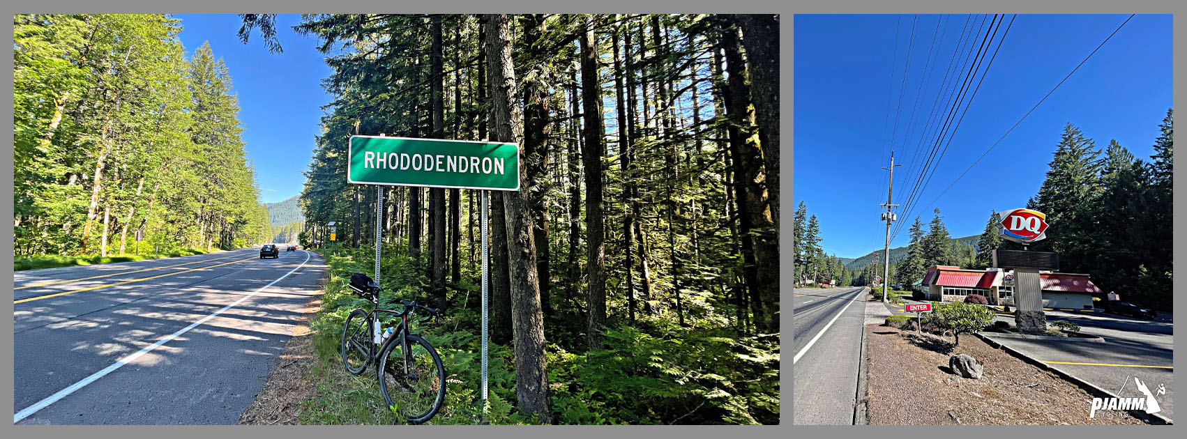 Climb start, bike parked next to road sign reading "Rhododendron", evergreen trees, dairyqueen